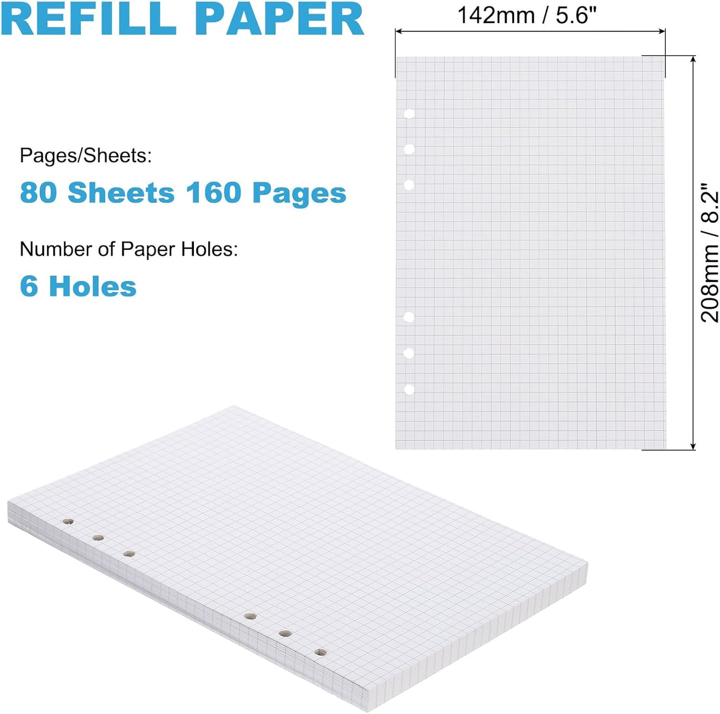 PATIKIL A5 Grid Refill Paper 6-Ring Binder Loose Leaf Planner Filler Paper Planner Inserts, 80 Sheets/160 Pages, Lined