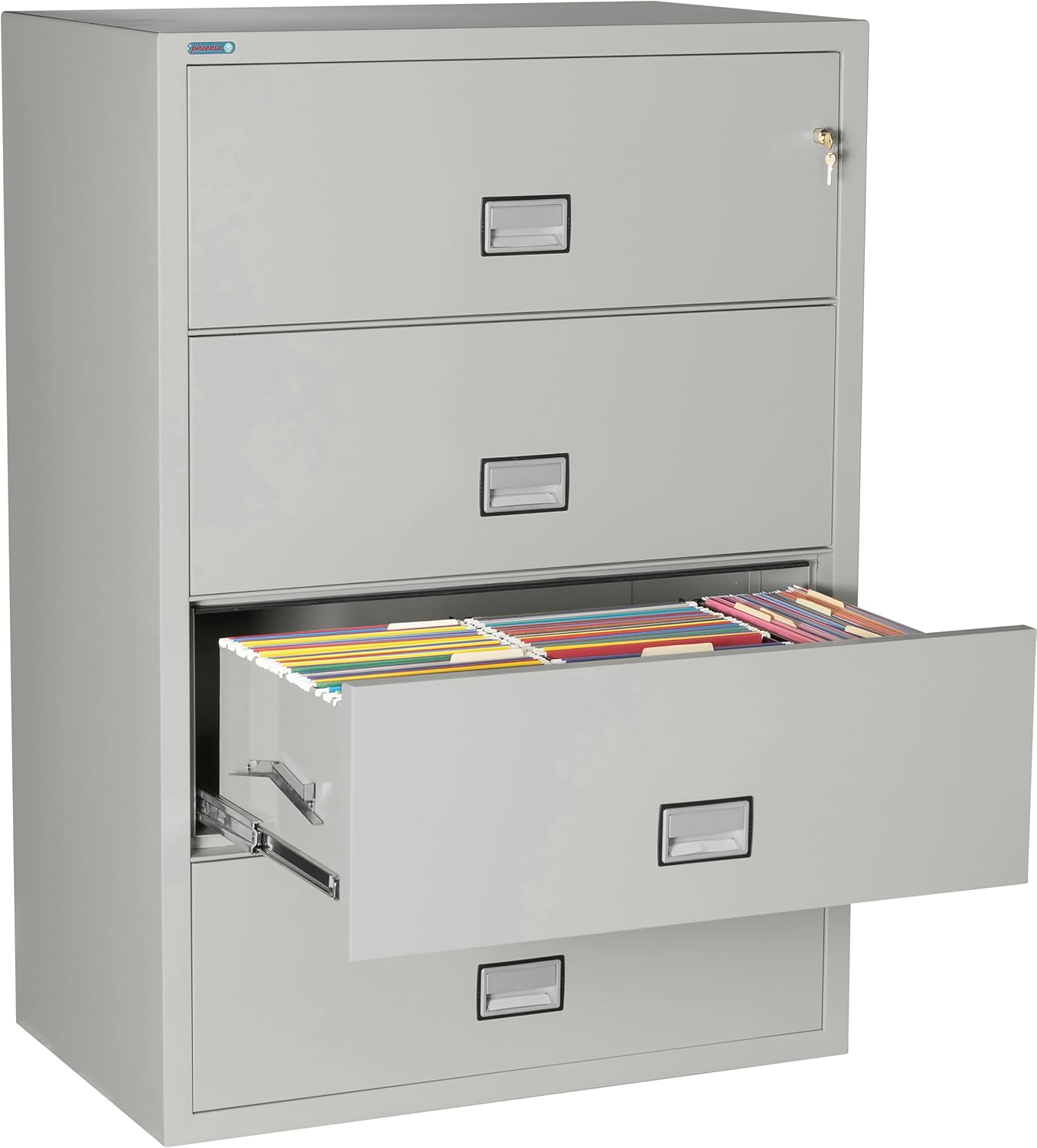 38 inch Wide 4-Drawer Lateral Fireproof File Cabinet – Legal and Letter Size Filing – Key Lock – Water Resistant – Fire Safe and Impact Rated – Light Gray Finish – Model LAT4W38LG