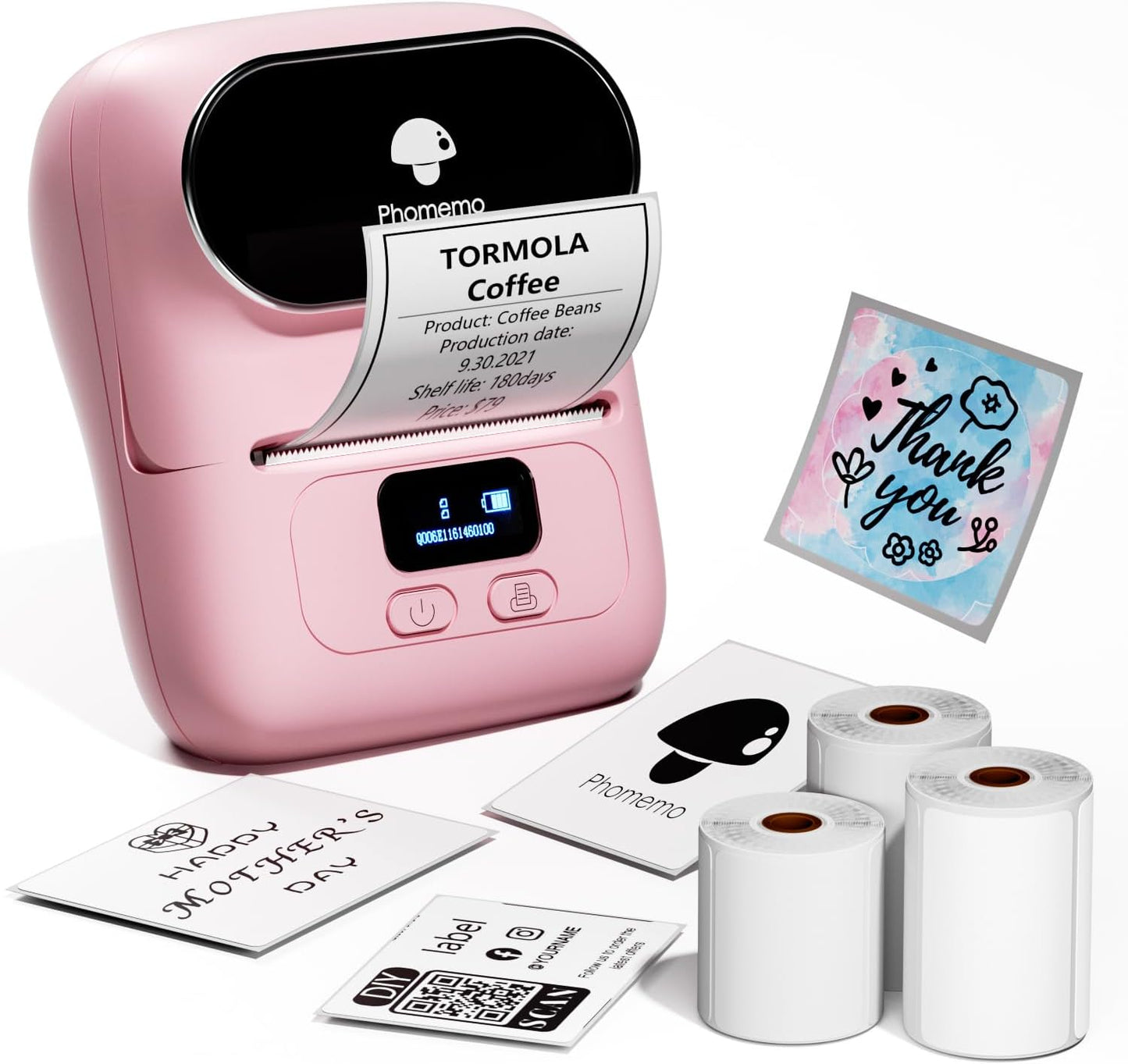Phomemo M110 Label Maker Machine- with 3 Label Bluetooth Label Maker for for Business Labeling, Barcode, Office, Cable, Retail, with Fonts Choose, Icons, Templates, Pink