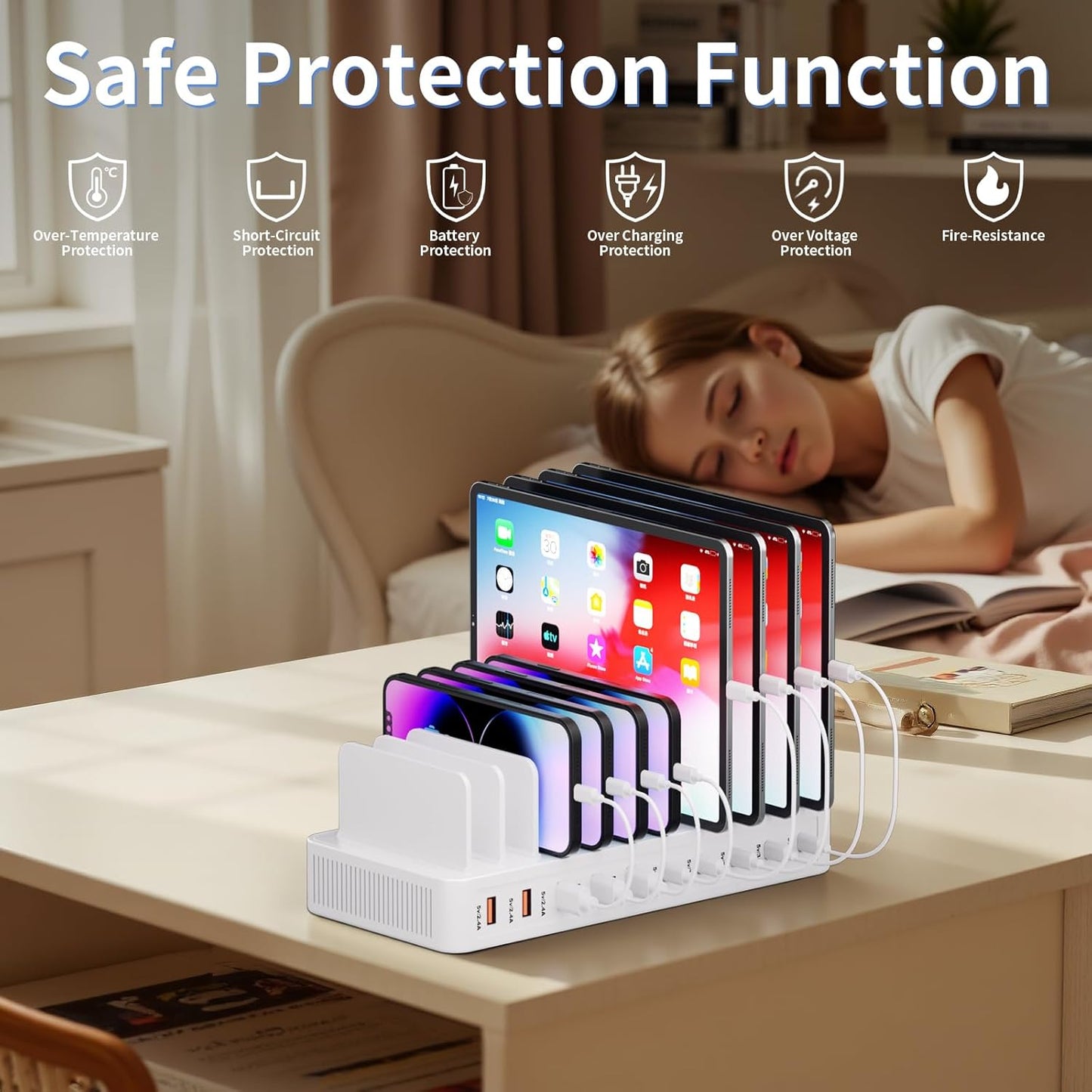 60W Charging Station for Multiple Devices, 10-Port USB Fast Charging Station with Adjustable Dividers - Device Organizer Charging Dock for iPhone, Android, iPad, Tablets & More