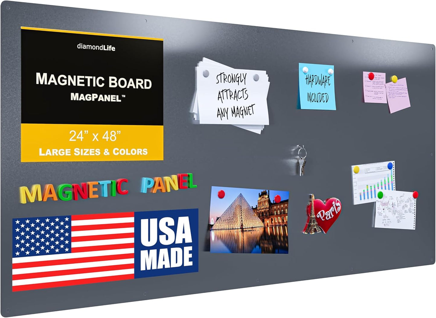 Diamond Life Magnetic Board - Memo & Vision Board for Home, Office, and Classroom - Magnet Board for Kids - Pre-drilled Mounting Screws Included (Silver 24"x48")