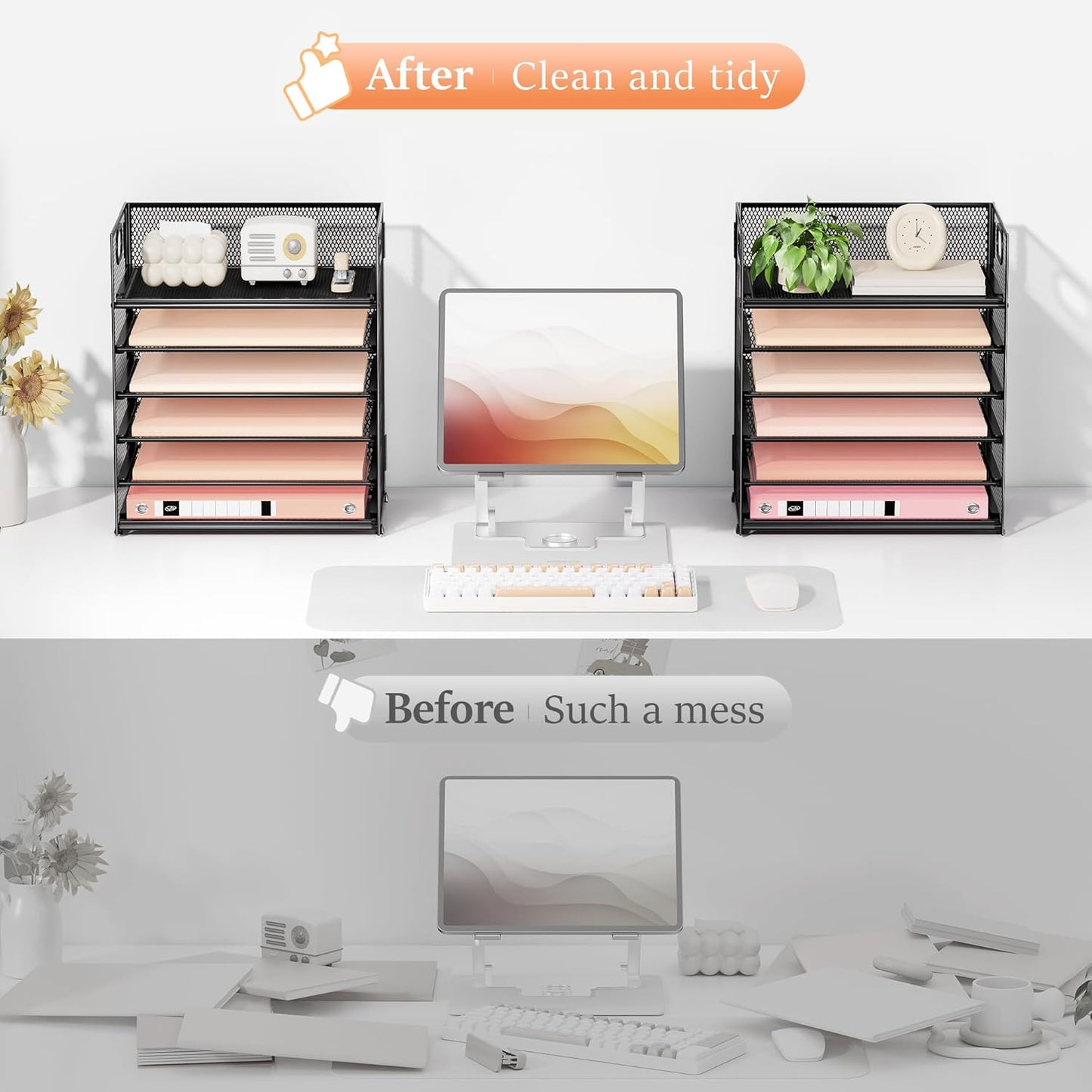 Subekyu 2-Pack 6-Tier Paper Tray Organizer for Desk - Black Mesh File Folder Sorter with Handles, Desk Letter Holder for Office, Home, School Supplies Storage & Organization