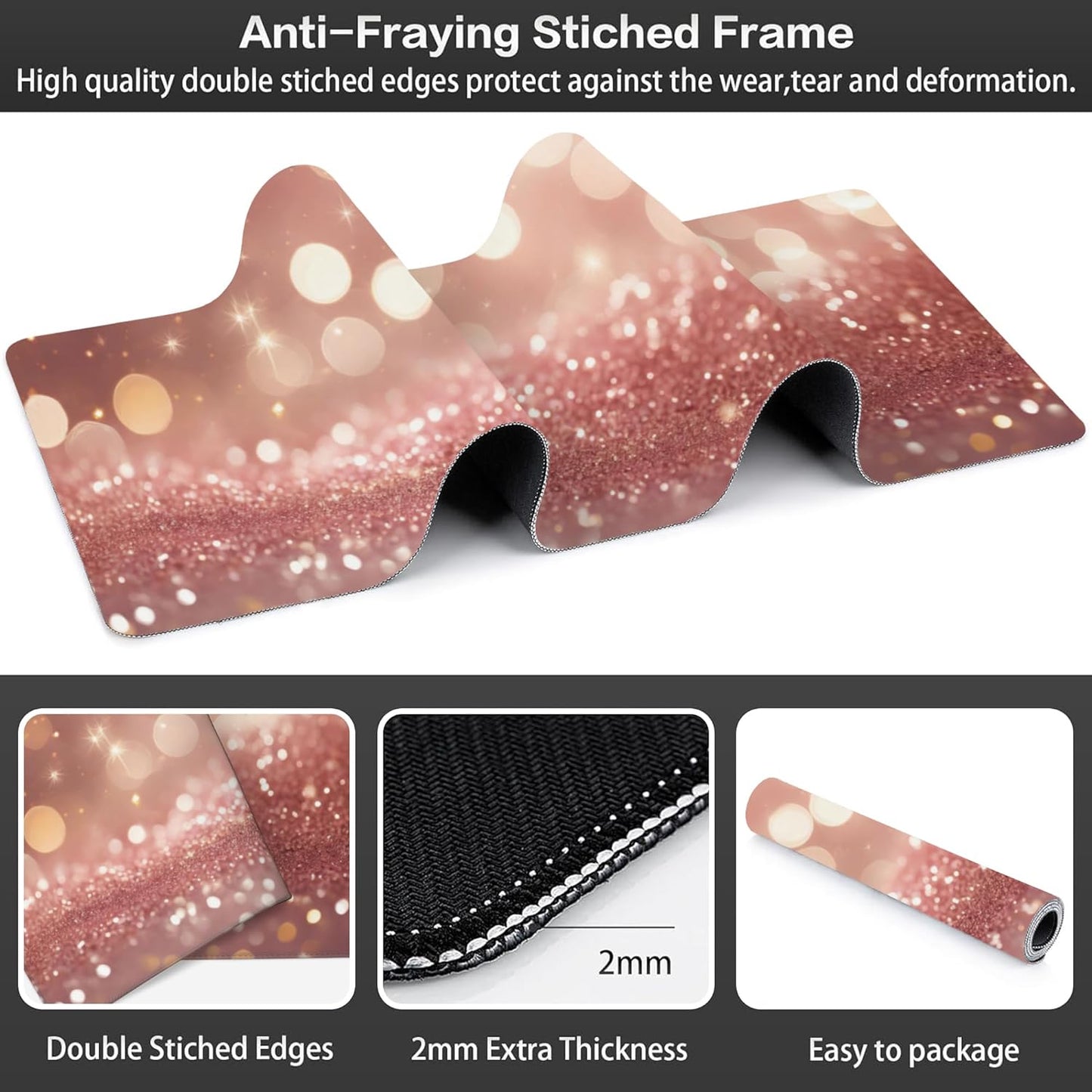 Extended Large Gaming Mouse Pad, Rose Pink Glitter Large Desk Mat for Desktop XXL, Non-Slip Rubber Base Stitched Edges Long Computer Keyboard Desk Pad Mouse Mat for Gaming Home Office 35.4"X15.7"