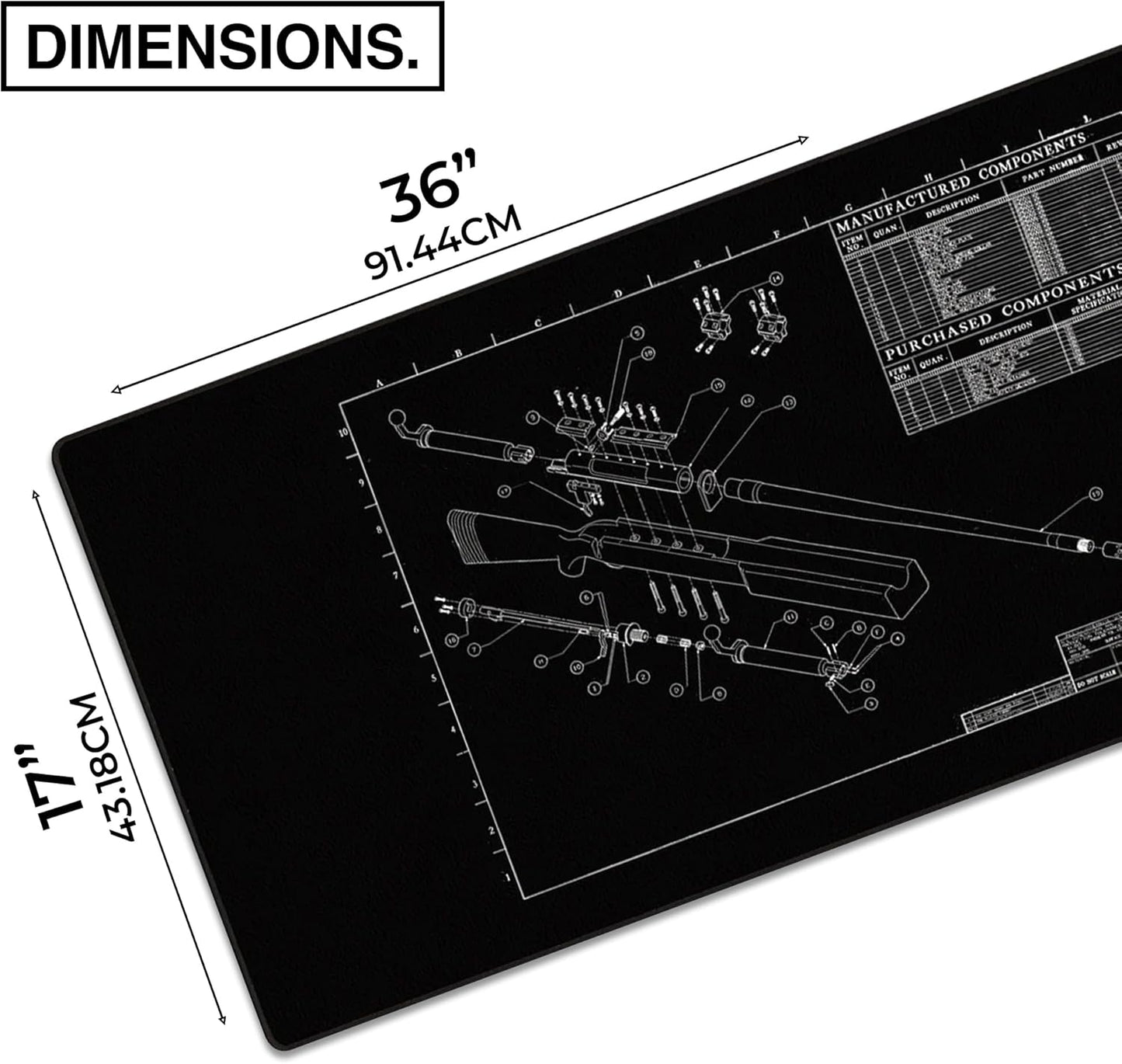 MPCO. Blueprints Large Gaming Desk Pad - 36" x 17" Aeroglyde Fabric Browning 50 Cal – Black Desk Mats - Non-Slip, Washable, Smooth Glide for Precision Gaming & Work