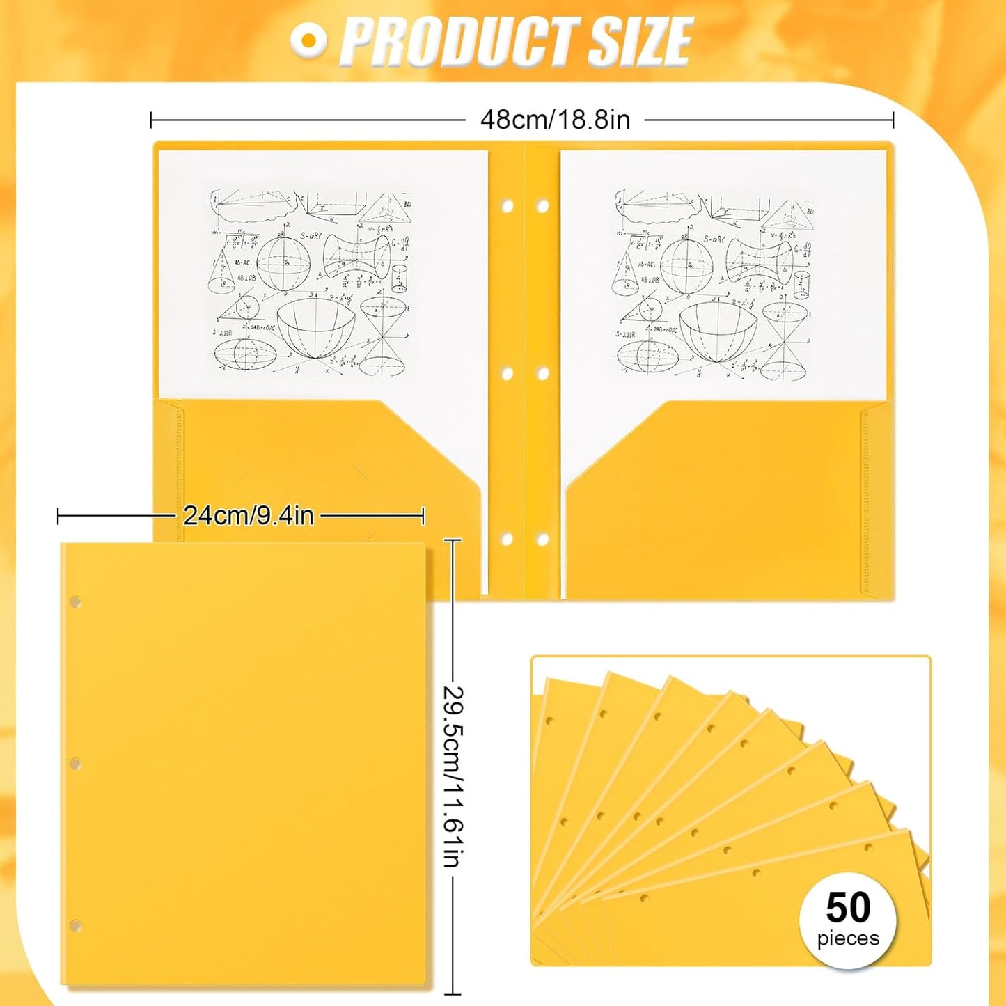 Yeaqee 50 Pcs Plastic Folders with Pockets Bulk 3 Hole Punched 2 Pocket File Folders for 3 Ring Binder Divider Folder for Notebooks, Durable Poly for Office Home (Yellow)