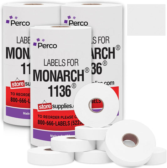 Perco White Pricing Labels for Monarch 1136 - 3 Sleeves, 24 Rolls Value Pack - 42,000 Labels with Ink Rolls Included