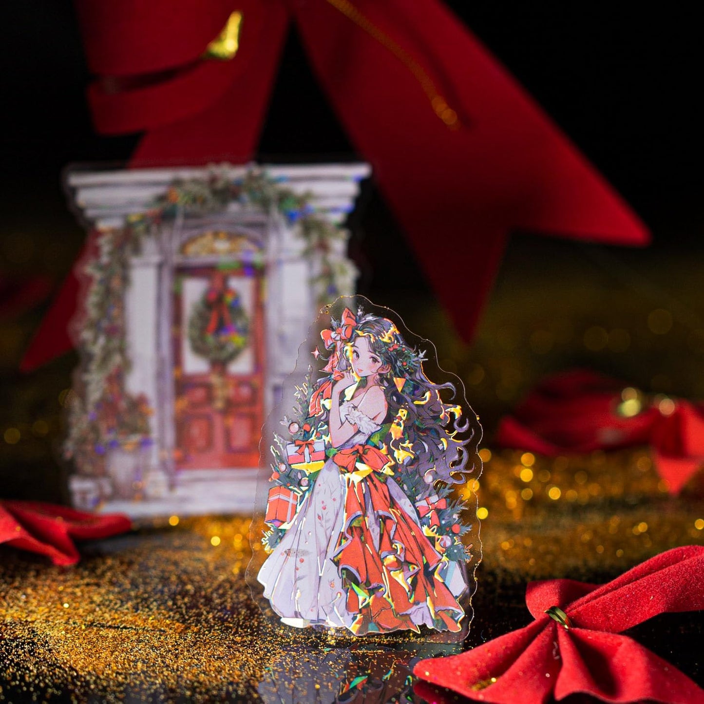 Christmas Party PET Stickers, 60 Holographic Character and Door Designs for Scrapbooking, Journaling, DIY Crafts, and Holiday Decor