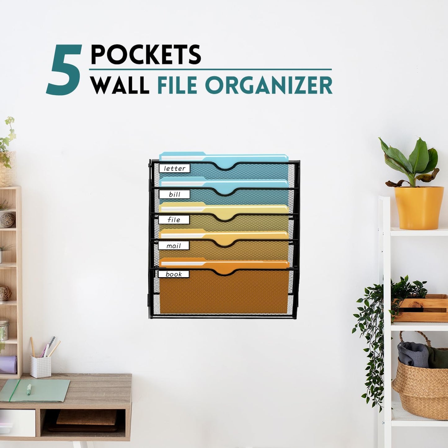 SUPEASY 5-Tier Wall File Organizer Mesh Office Mail Holder, Hanging Wall Organizer Magazine Rack for Office Black