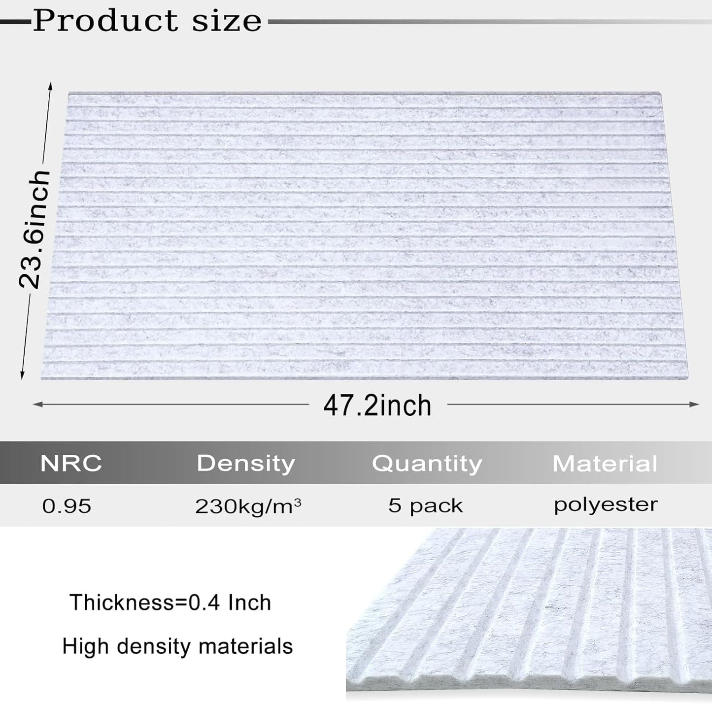 5 Pack Acoustic Panels, 48" X 24" X 0.4" Decorative Sound Proof Felt Panels, Sound Dampening Panels, Self-Adhesive Sound proof panels for walls, Creative Slotting Design. (Silver Grey, 5 Pack)