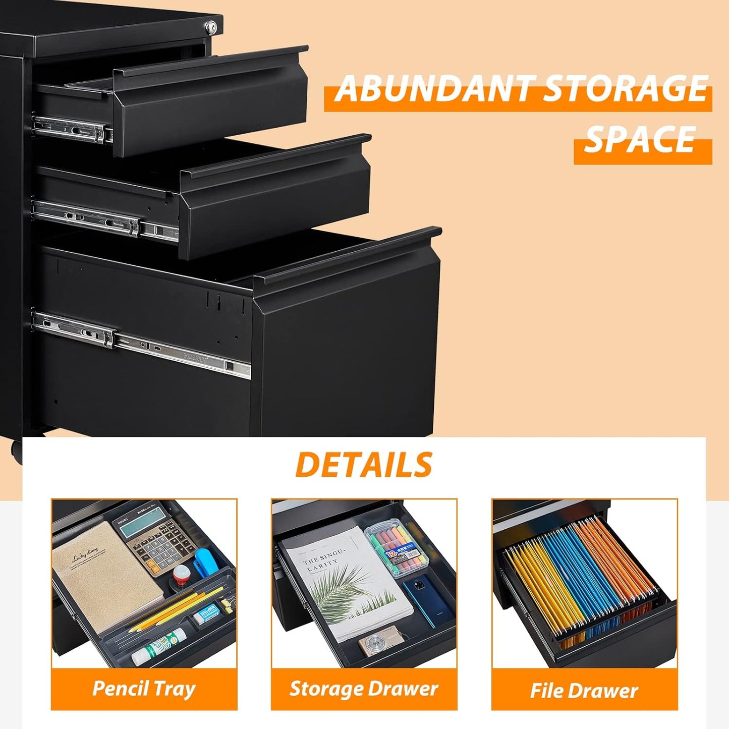 3 Drawer File Cabinet with Wheels, Metal Filing Cabinet with Lock, Office Rolling File Cabinets for A4/Legal/Letter Size, Assembly Required, Black