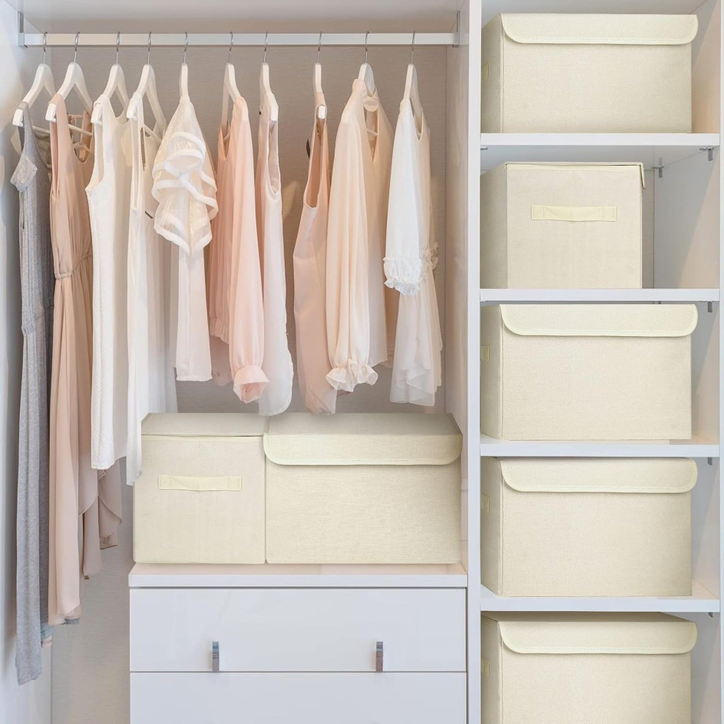 Large 22 Quart [4-Pack] Linen Fabric Foldable Storage Bin Cube Organizer Basket with Flip-Top Lid & Handles, Clothes Blanket Box for Home, Office, Closet (14.6 x 9.5 x 9.5, Beige)