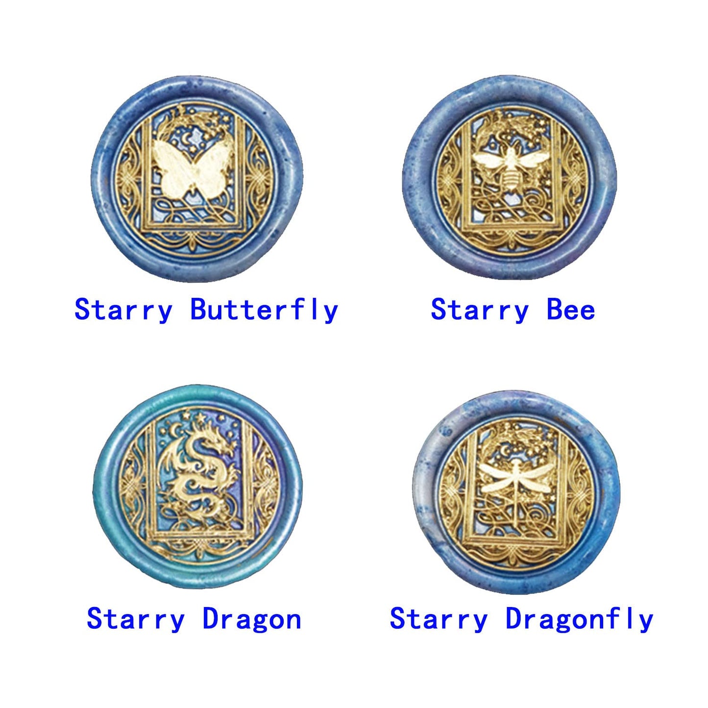 Animal Wax Seal Stamp Set with 4 PCS Removable Brass Heads and 1 Wooden Handle - Retro Starry Butterfly Dragonfly Bee Dragon Sealing Wax Stamp for Cards Invitations