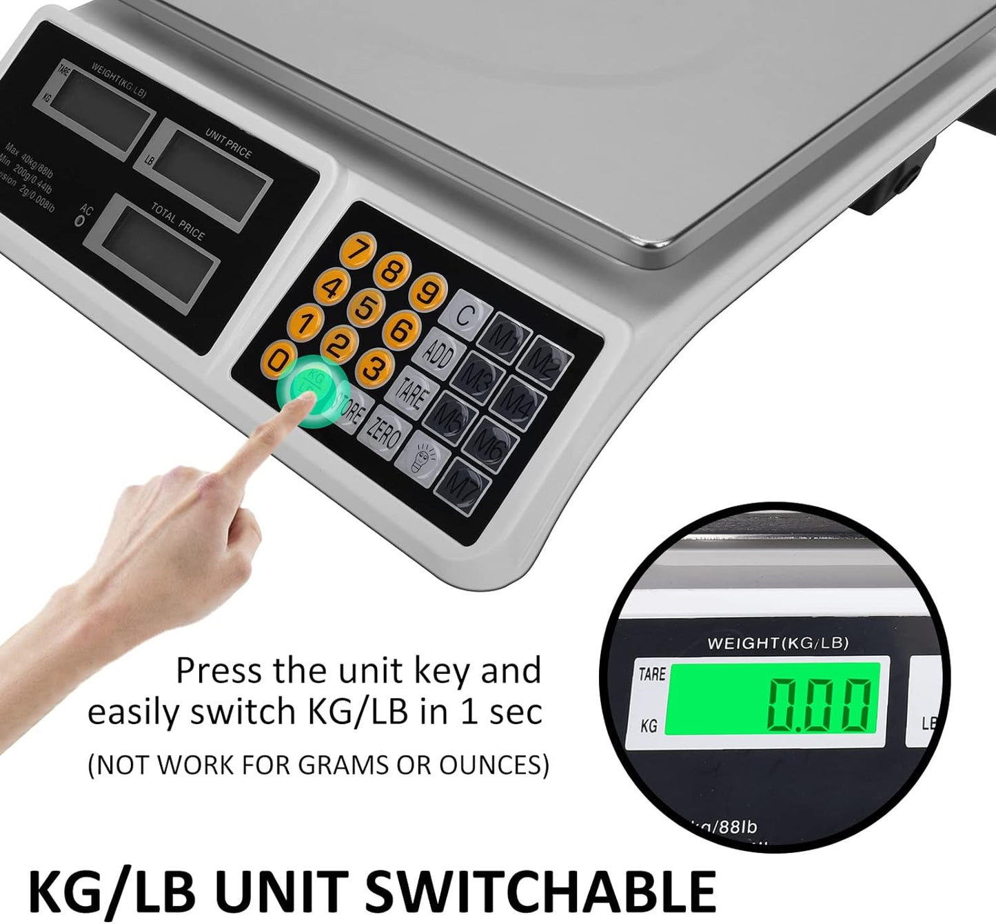 Price Computing Scale 88lb/40kg LCD Digital Commercial Price Scale with Stainless Steel Platform,Produce Scale & Food Scale for Farmers Market, Retail Outlets, Meat Shop (Flat Plate)