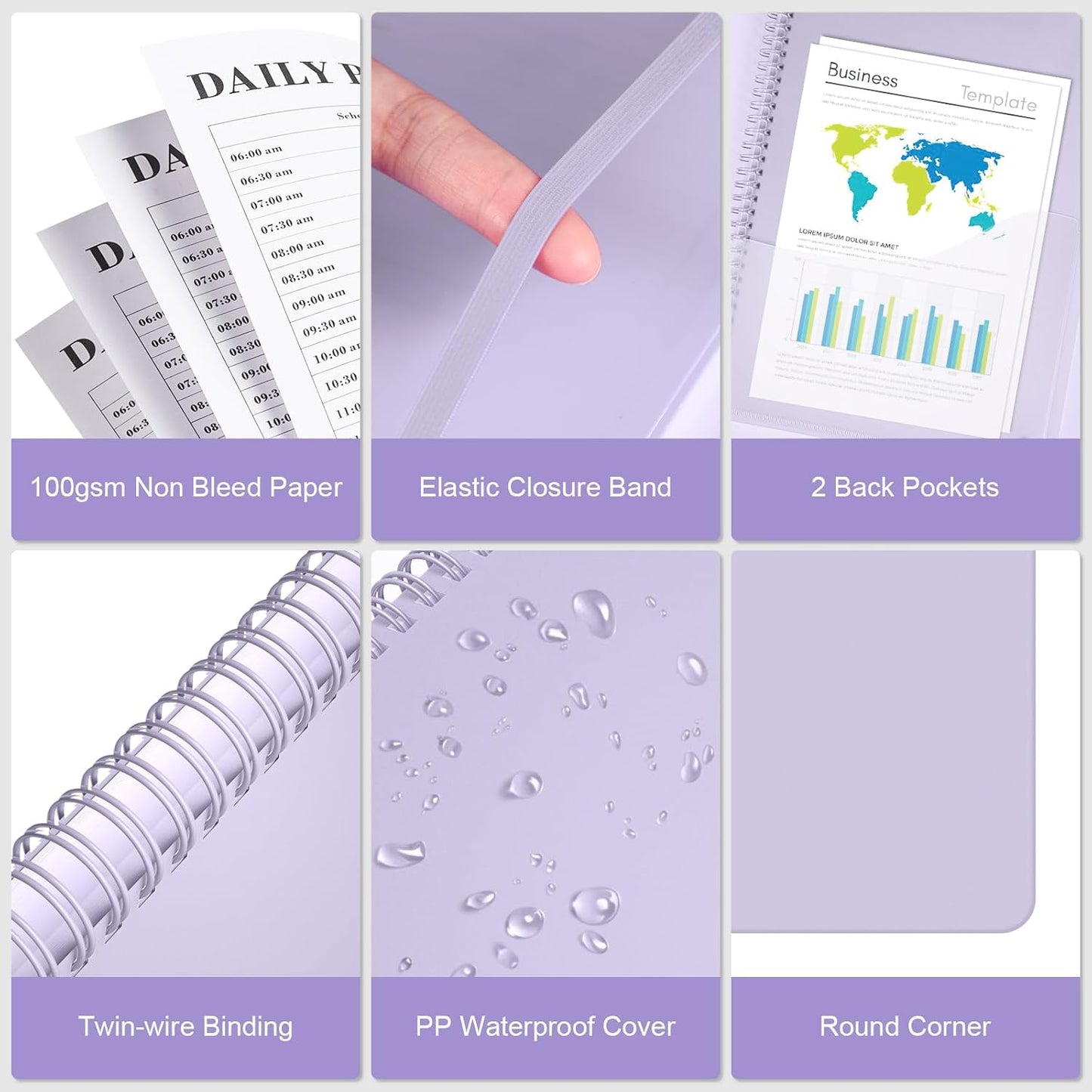 Planner Undated, Asten Daily Planner Agenda with To Do List, Hourly Planner for Women and Men, Spiral Appointment Book Planner Notebook with Elastic Closure, Day Planner for ADHD 8.5" x 11" (Purple)