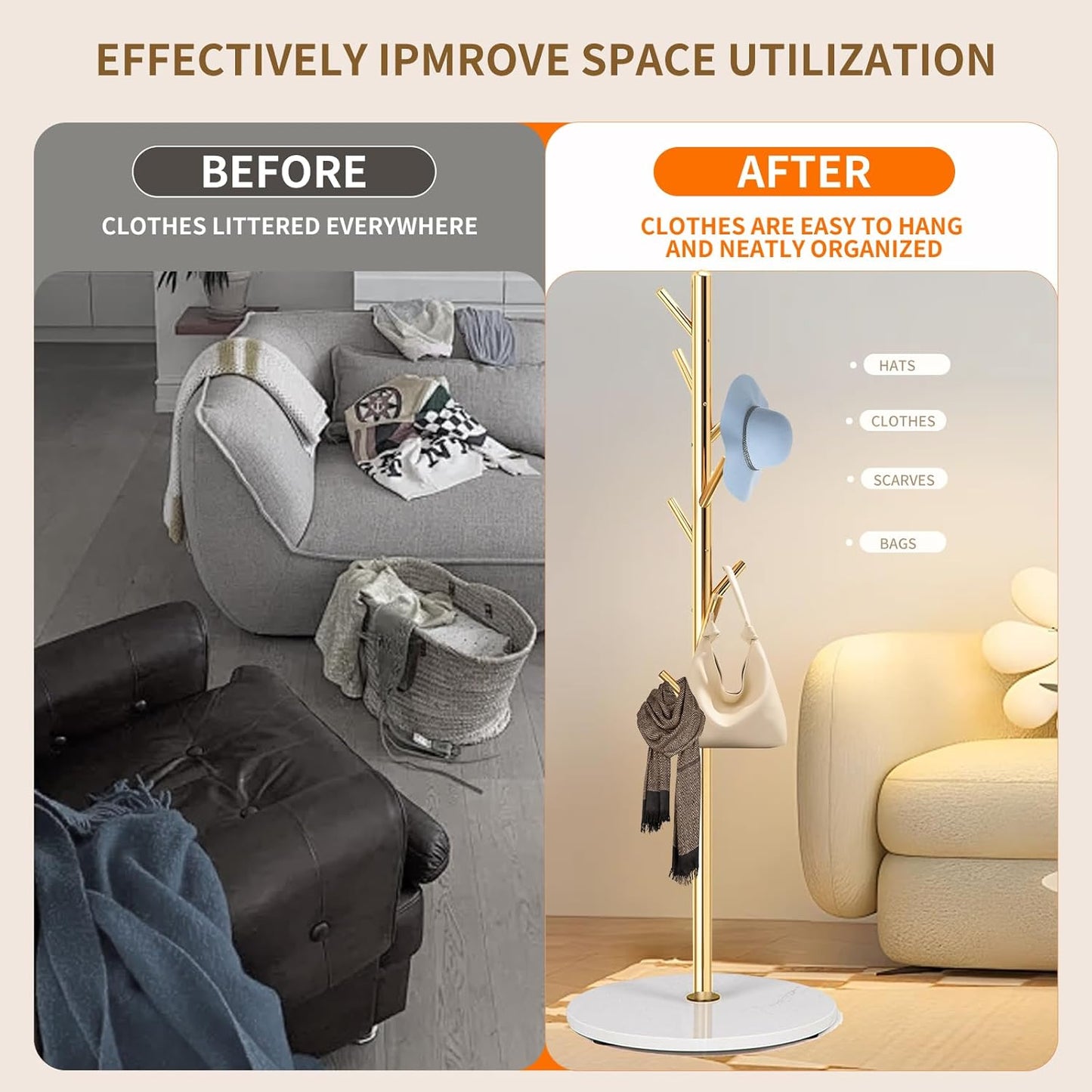 Coat Rack Stand with Natural Marble Base, Metal Freestanding Coat Rack, Modern Golden Coat Racks with 8 Hooks, Golden Standing Coat Hall Tree Hanger Stand for Scarf, Bag, Jacket