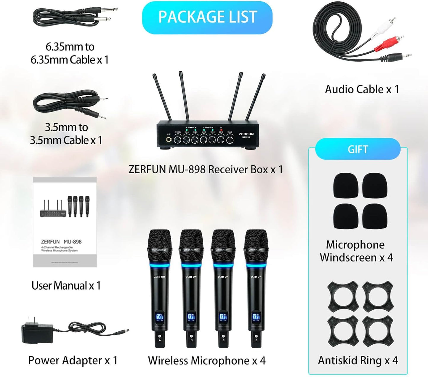 4 Channel Rechargeable Wireless Microphone System, Pro UHF Metal Handheld Wireless Microphones Cordless Mics with Echo Bluetooth VOL Channel Control for Karaoke Singing Church(MU-898)