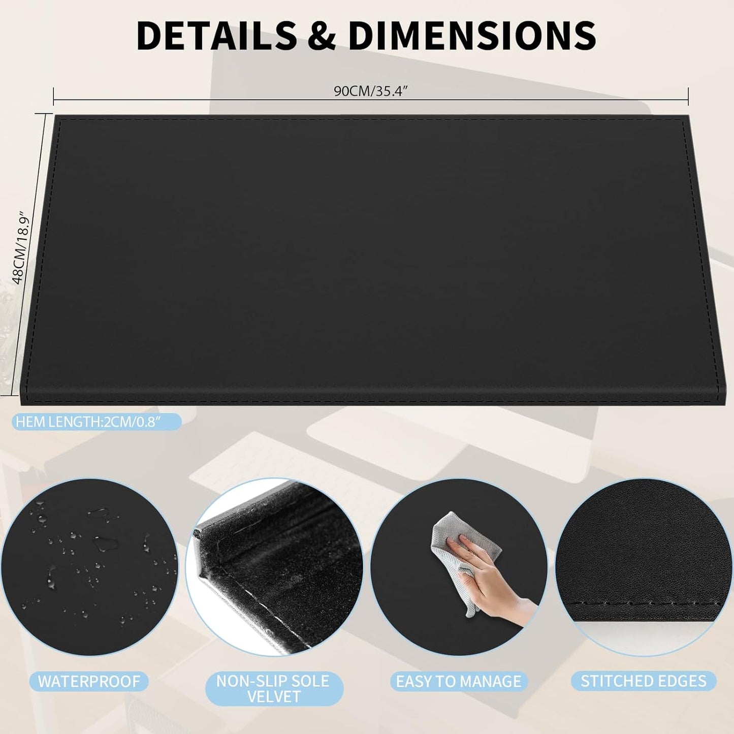 AKOZLIN 35.4"x 18.9" Soft PU Leather Surface Office Desk Mouse Mat Anti-Push Pad with Full Grip Fixation Lip Table Blotter Edge-Locked Protector