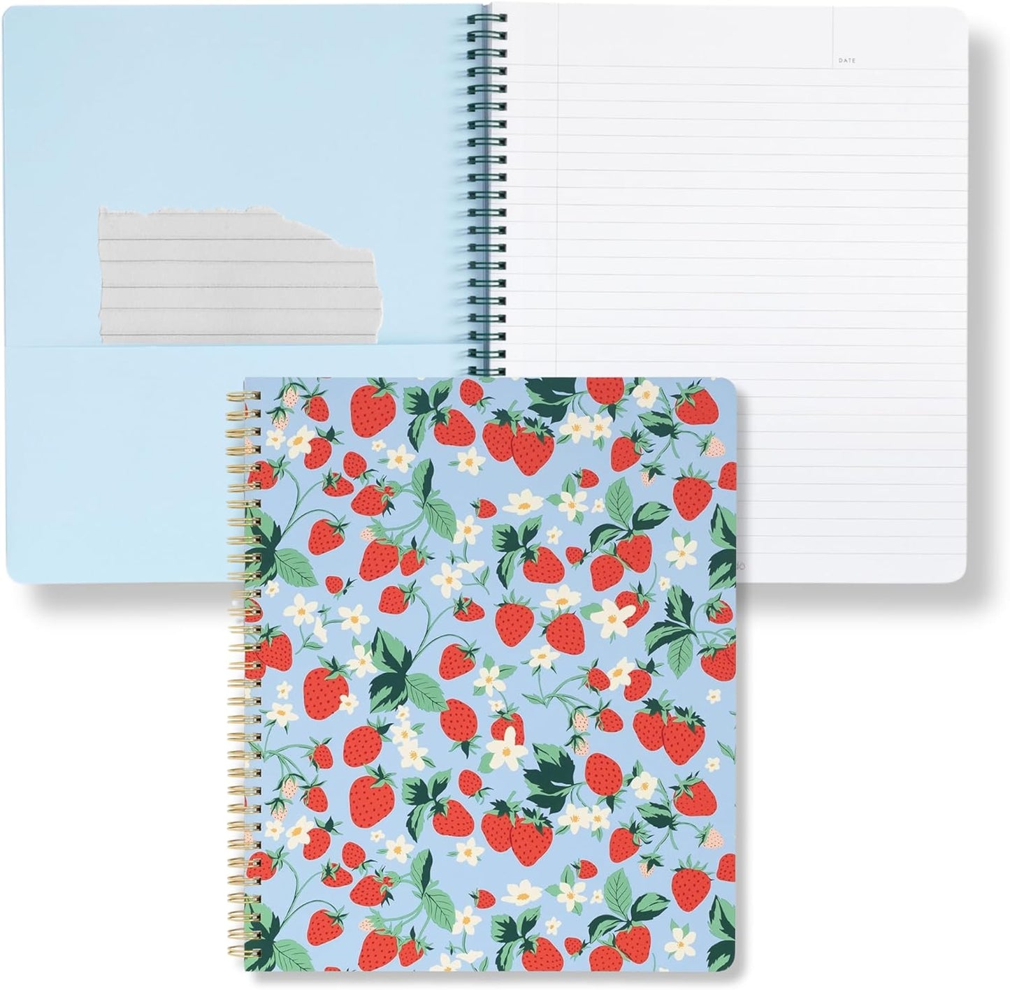 ban.do Floral Rough Draft Large Spiral Notebook, 11" x 9" with Pockets and 160 College Ruled Pages, Strawberry Fields