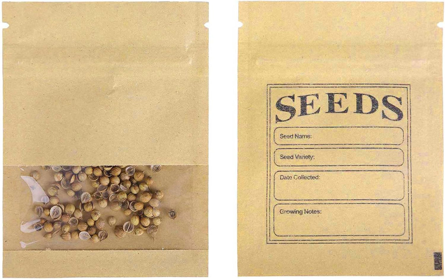 100 Pack Clear Window Small Resealable Seeds Packets Coin Envelopes 2.75x3.74 inch Brown Kraft Paper Sample Bag with Preprinted Seed Collecting Template for Seed Storage Organizer