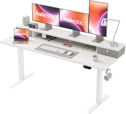Agilestic 63 x 24 Inches Electric Standing Desk with 2 Storage Drawers, Stand Up Desk Adjustable Height, Sit and Stand Computer Table with Splice Board, White