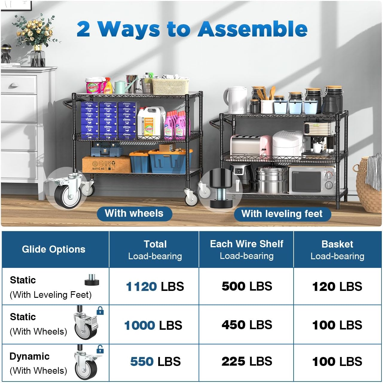 Leteuke 1120LBS Heavy Duty Rolling Utility Cart,3 Tier Rolling Carts with Wheels,NSF Commercial Grade with Handle Bar & Shelf Liners,45"x25"x39" Storage Cart for Kitchen,Restaurant,Plant Display,Black