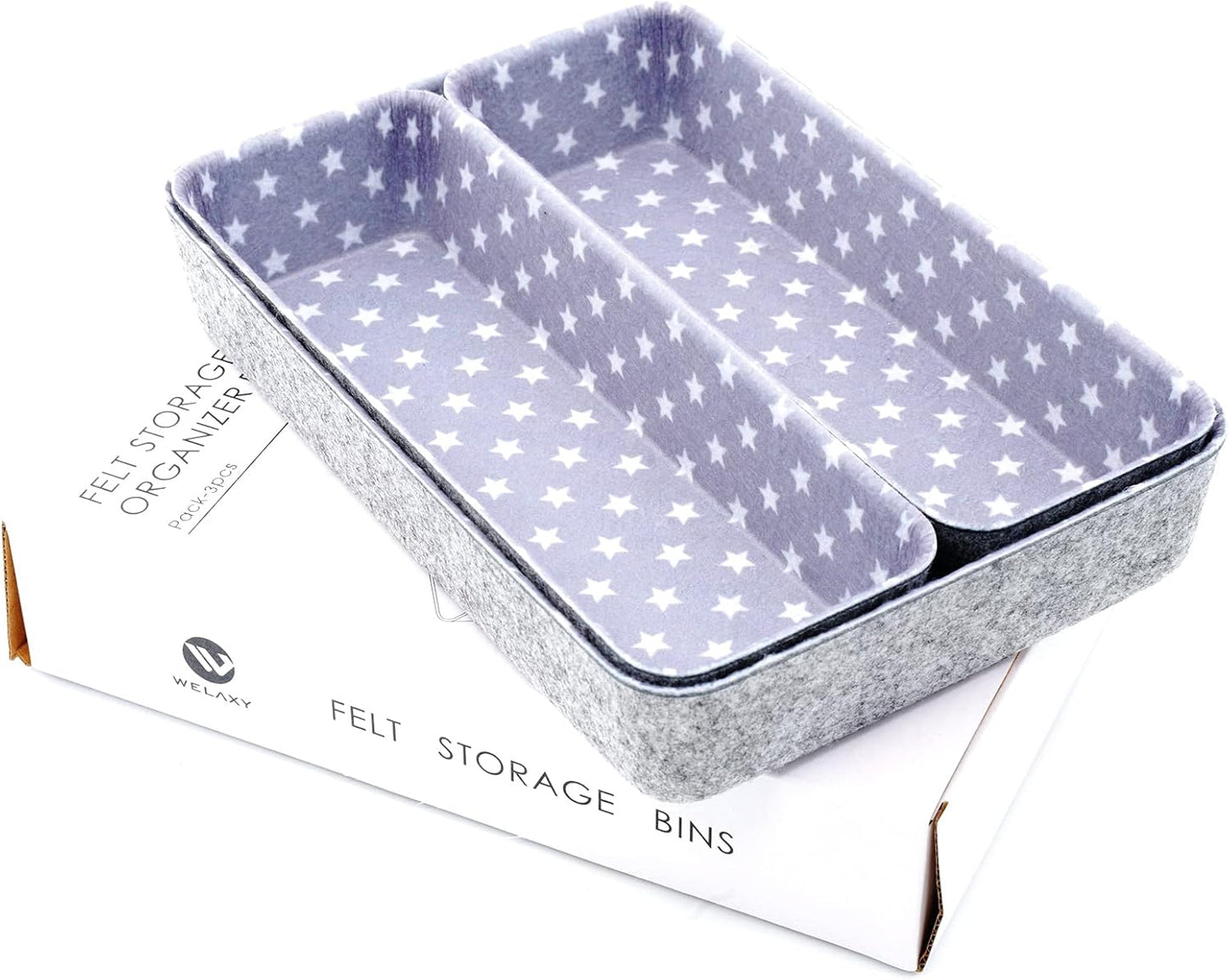 Welaxy Desk Drawer Organizer Bins with Modern Pattern Home Office Storage Bin Sturdy Small Sharrow Cozy Cubby Organize Box Gifts idea 3-Piece (Star)