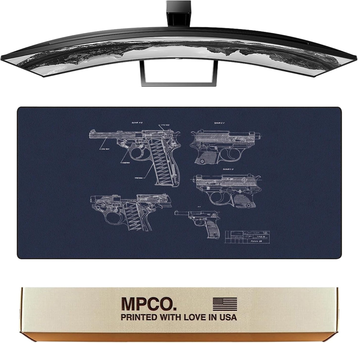 MPCO. Blueprints Large Gaming Desk Pad - 36" x 17" Duraglyde Fabric Pistol 38 – Blue Desk Mats - Non-Slip, Washable, Smooth Glide for Precision Gaming & Work