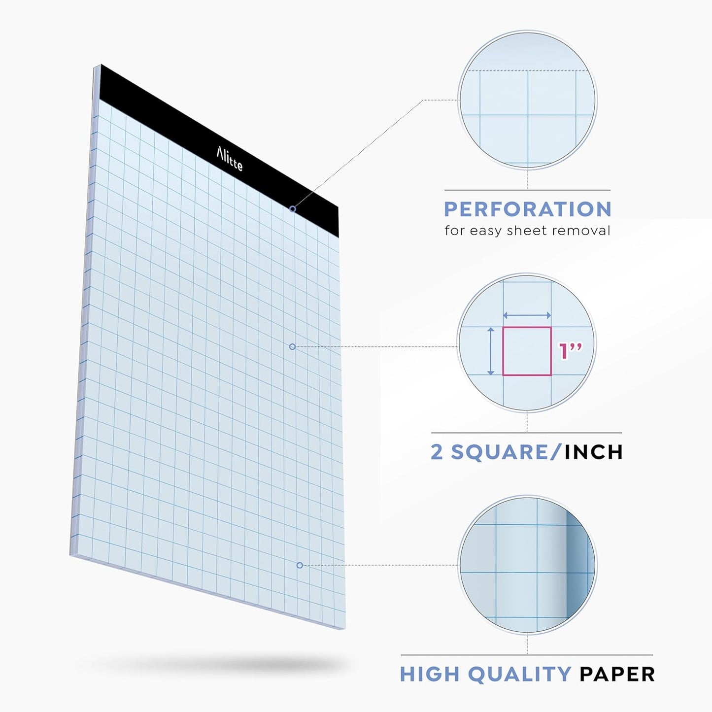 Graph Paper Pad, Pack of 3, White Letter Size - 2x2 Quad Grid Paper, Easy-Tear Perforations, 8.5 x 11 Cardboard Backing - Graph Notepads for School, Office -50 Sheets per Pad