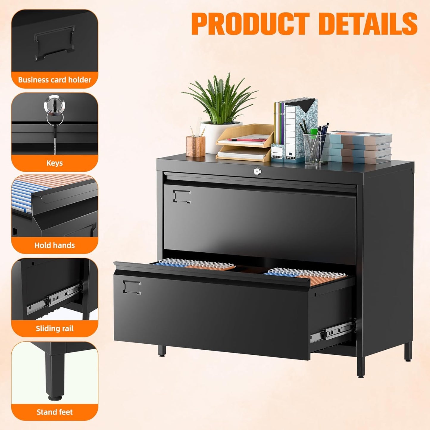 Lateral File Cabinet with 2 Drawers, Metal Wide Lateral Filing Cabinet with Lock for Hanging Files Letter/Legal/F4/A4 Size for Home Office School, 2 Drawer, Assembly Required, Black