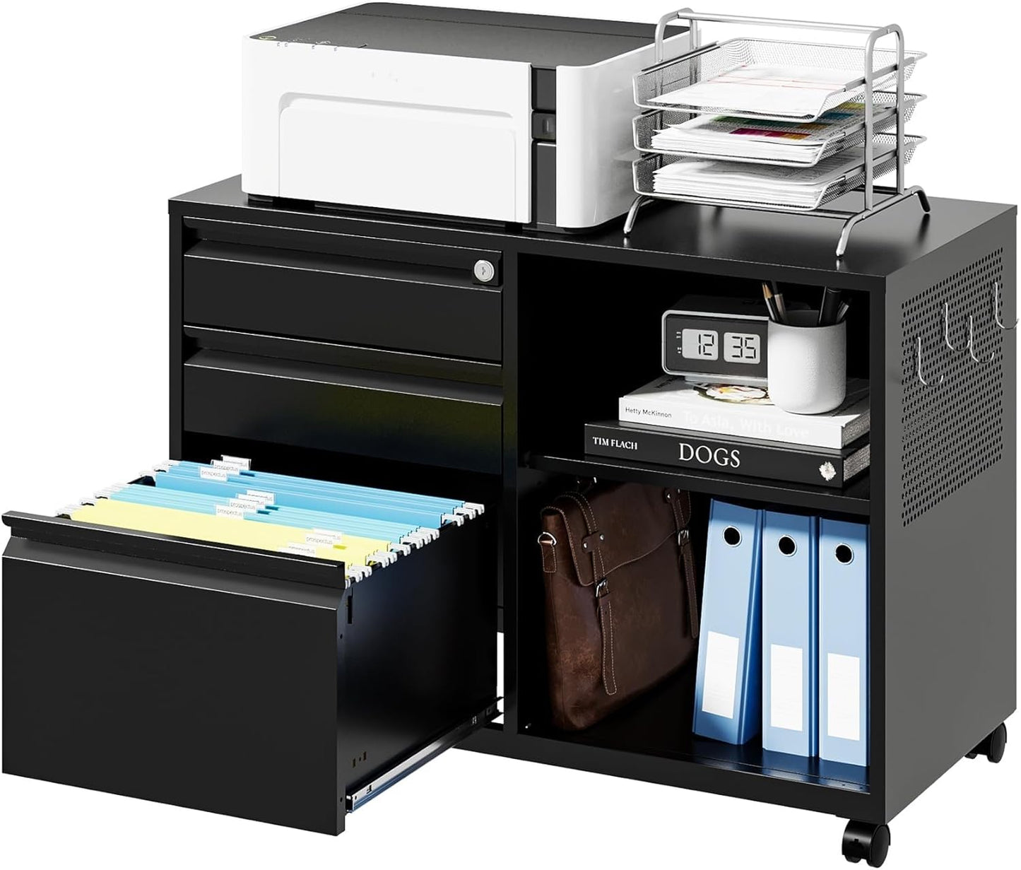 Letaya Mobile 3 Drawer File Cabinet with Lock-Metal Lateral Rolling Printer Stand Filing Cabinets for Home Office-Storage A4/F4/Letter (Black)