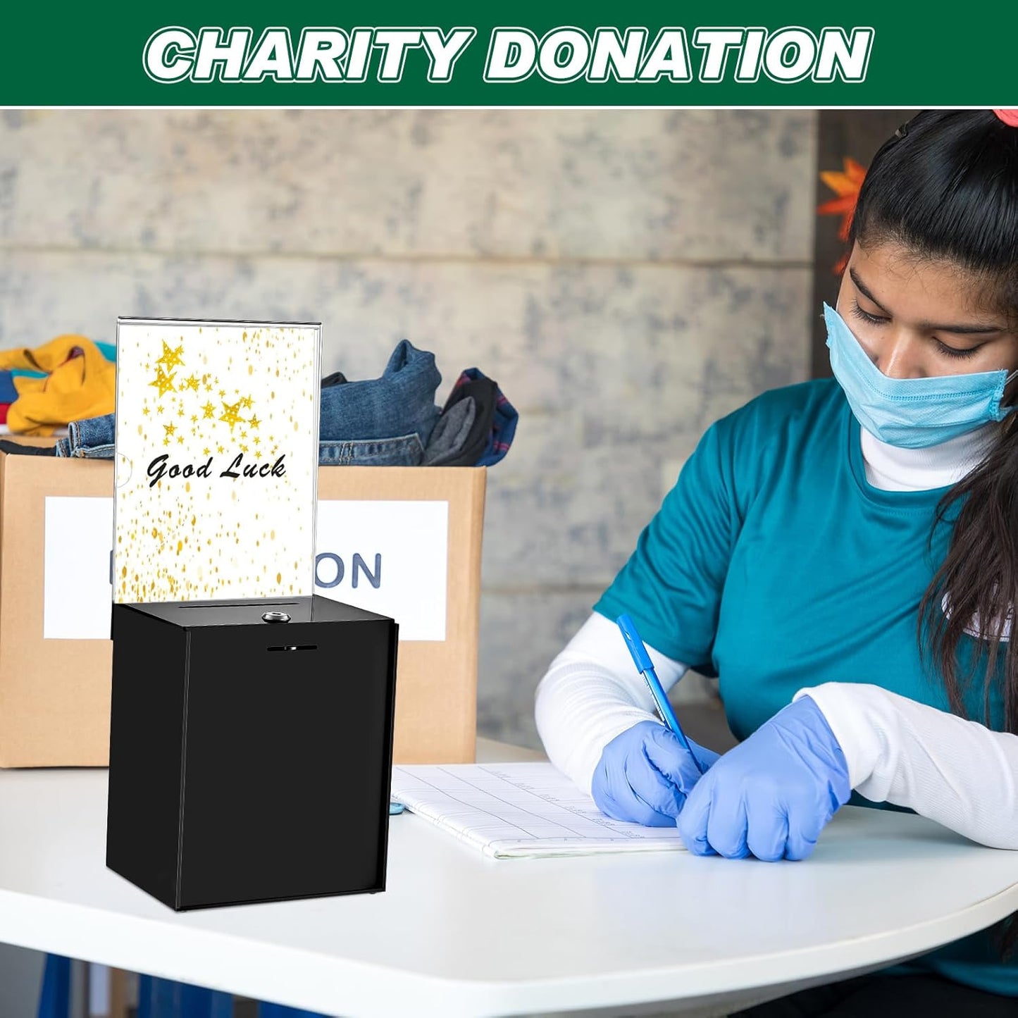 Teling Tall Acrylic Donation Box with Lock and Sign Plate Safe Suggestion Box with 100pcs Raffle Tickets Cards for Raffle, Money, Voting, Charity, Suggestion (Black)