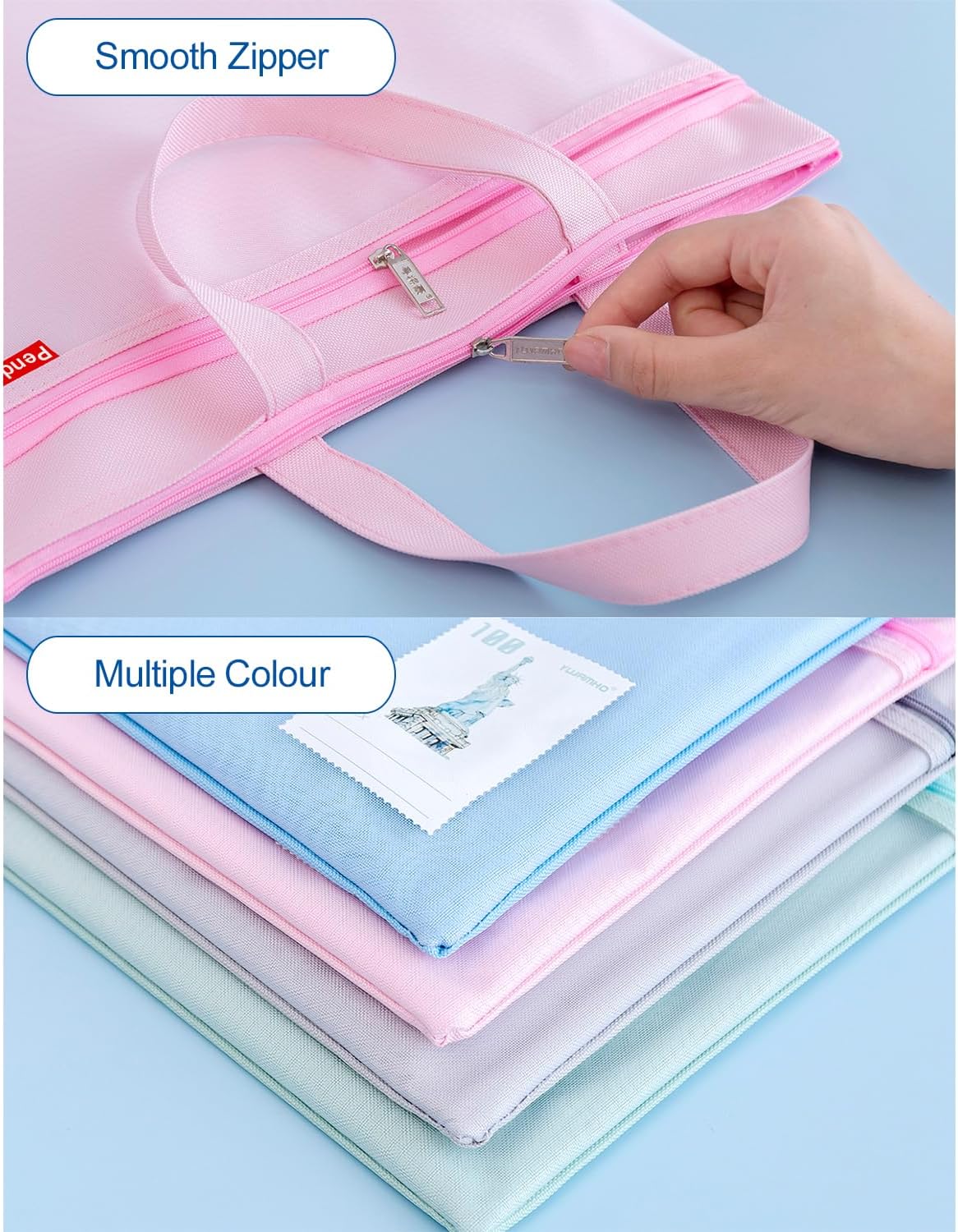 Pendancy Mesh Zipper Pouch 11x13.7 in, Large Double Pocket Waterproof File Bag with Handle, A4 Size Foldable Document Storage for Puzzle Project/Cross Stitch/Travel/Office（Pink）