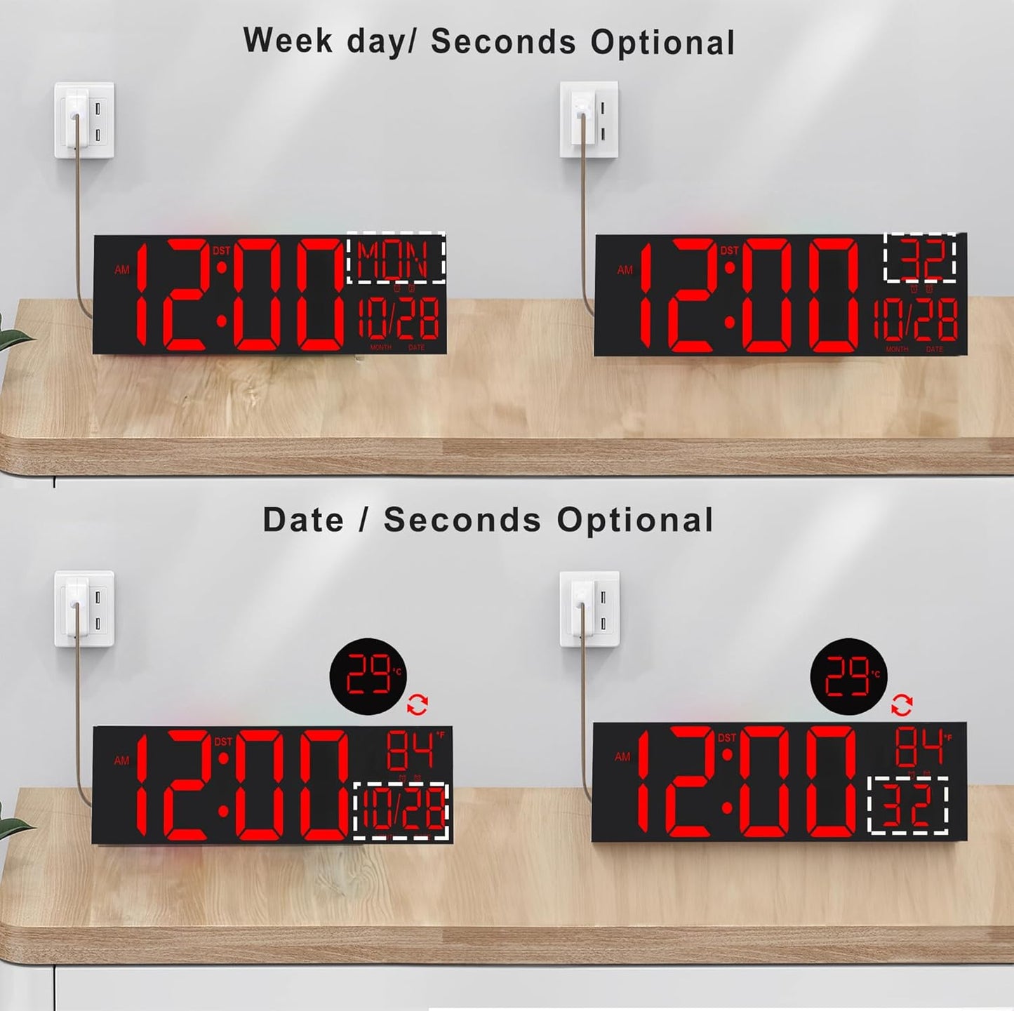 JALL 30" Large Digital Wall Mount Clock with Remote Control, Alarm, Big LED, Countdown, Auto DST, Temperature for Living Room Classroom Desk, Xmas, Birthday Gift, Black Shell Red Font