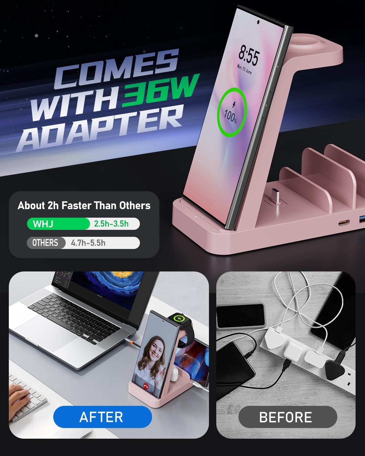 5 in 1 Wireless Charger for Samsung, Wireless Charging Station for Multiple Devices, Fast Charger Stand for Samsung Galaxy S25 Ultra S24 S23 S22 S20 Note 20 10 Z Fold 7 6 Galaxy Watch 7 6 5 Buds, Pink