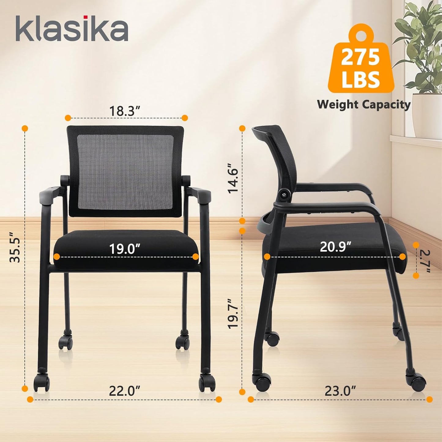 Waiting Room Chairs with Wheels, Adjustable Mesh Backrest, Desk Chair with Ergonomic Lumbar Support and Thickened Seats Cushion, 2 Pack Black