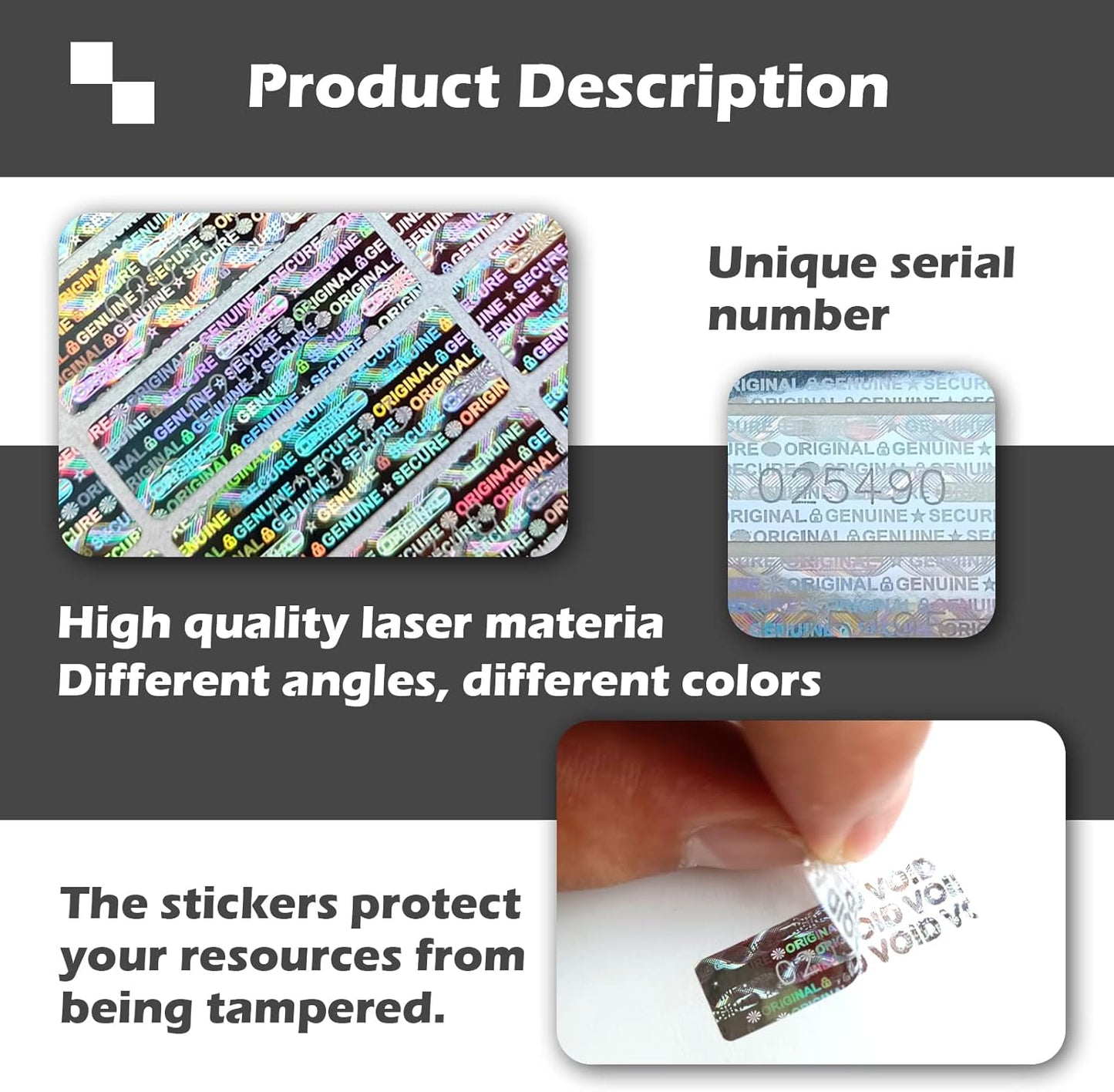 380pcs Tamper Proof Hologram Stickers Original Security Labels Genuine Warranty Void Seal Tamper evident Sticker with Unique Serial Number (1.2x0.4inch)