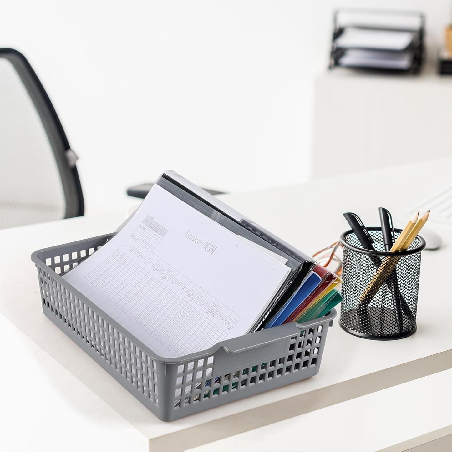 6 Packs Plastic Storage Baskets, Paper Organizer Baskets, Shallow Storage Basket Trays, Grey