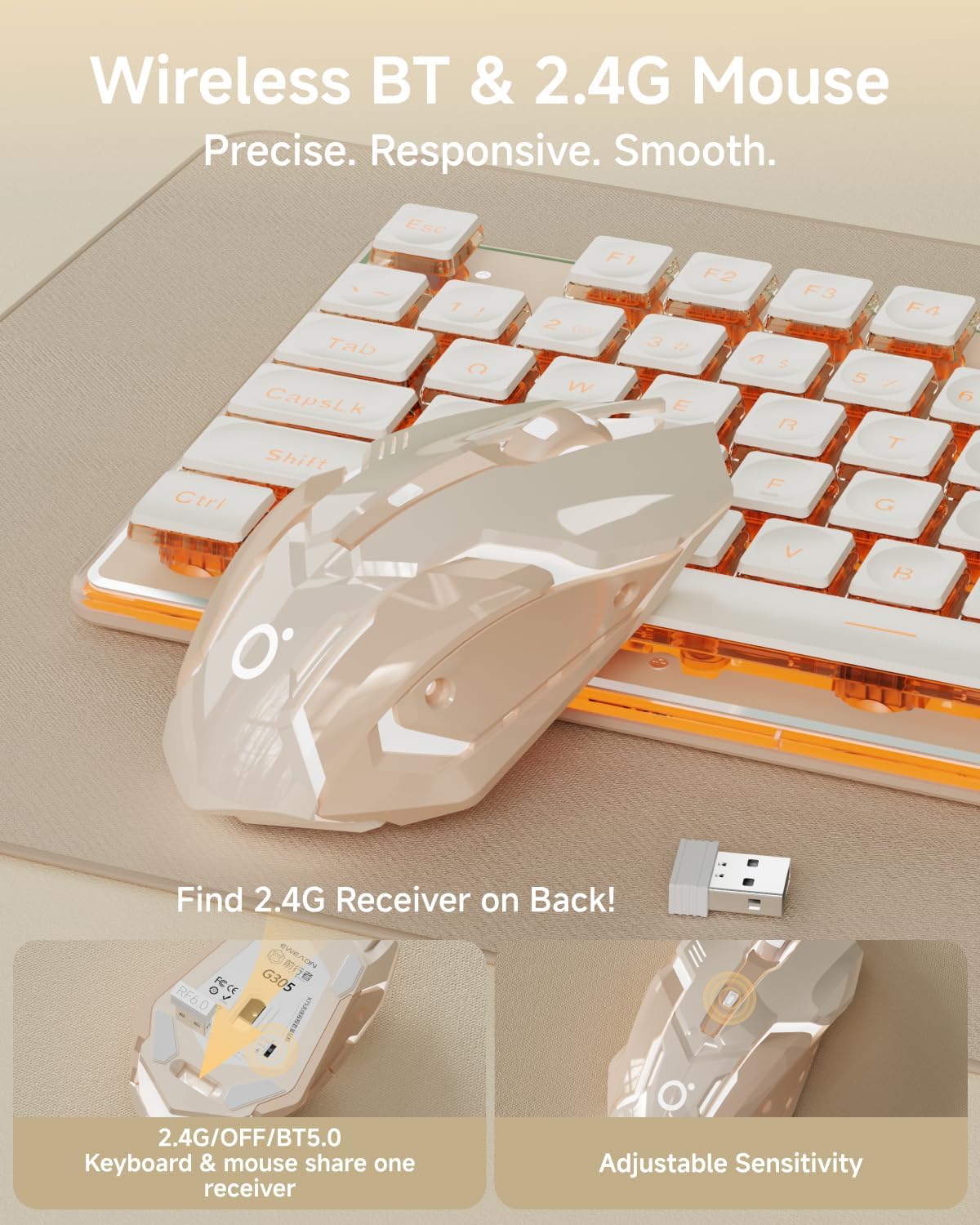 EWEADN V3 Wireless Keyboard and Mouse with Single Backlit, Metal Panel, Bluetooth/2.4G Rechargeable Computer Keyboard and Mouse Combo Silent Lighted Full Size Cute Keyboards-Rose Pink