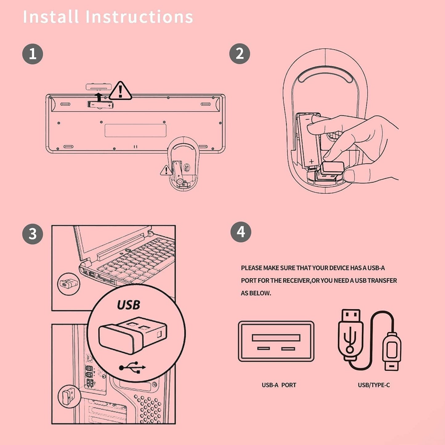 FOPETT Wireless Keyboard and Mouse Combo, 104 Keys Full-Sized 2.4 GHz Round Keycap Colorful Keyboards, USB Receiver Plug and Play, for Windows, Mac, PC, Laptop, Desktop (Pink)