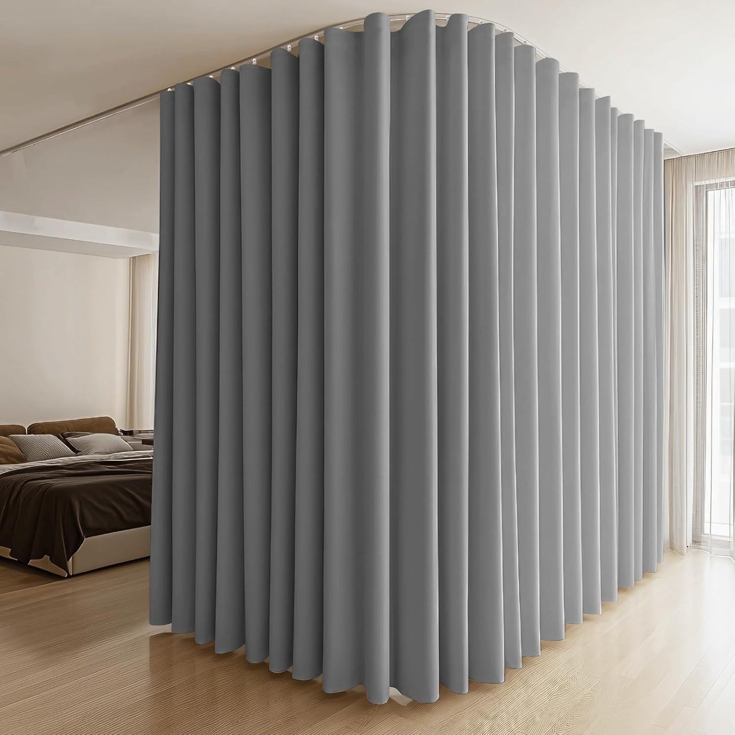 Room Divider Curtains & Flexible Bendable Tracks Set,Privacy Dividers Ceiling Track Curtain Window Blackout Curtains for Living Room Bedroom (W120 × H84 in 1 Panel Grey Drape & White Rail)