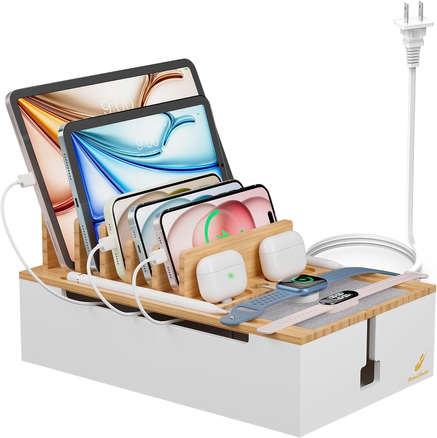 Pezin & Hulin Bamboo Charging Station for Multiple Devices, USB Charger Dock Organizer, with Power Supply (10 Ports HUB), 6 Cables, Cable Management Organizer for Cell Phones, Tablets -Natural+White