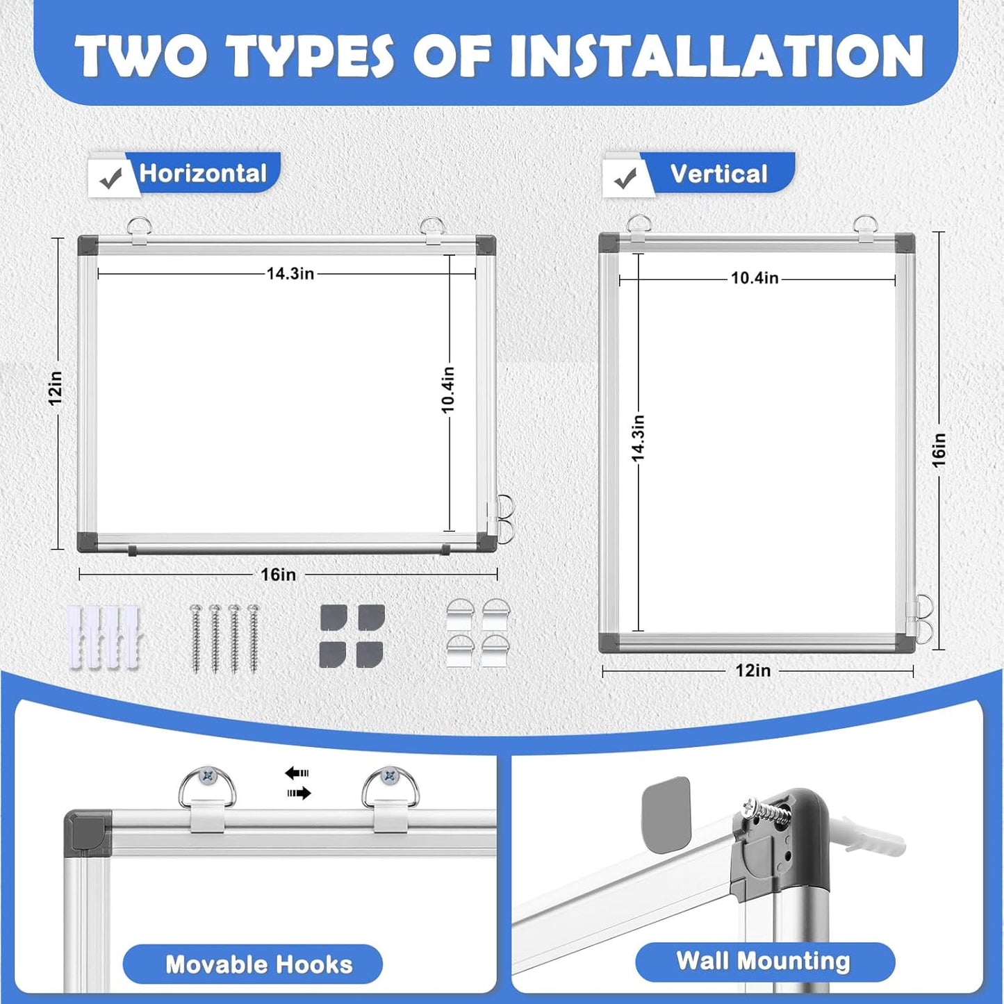 WALGLASS Double-Sided White Board, 16" x 12" Small Dry Erase Board Magnetic Whiteboard for Wall, Hanging Mounted Whiteboard Silver Aluminium Frame for Home, School, Office, Kitchen