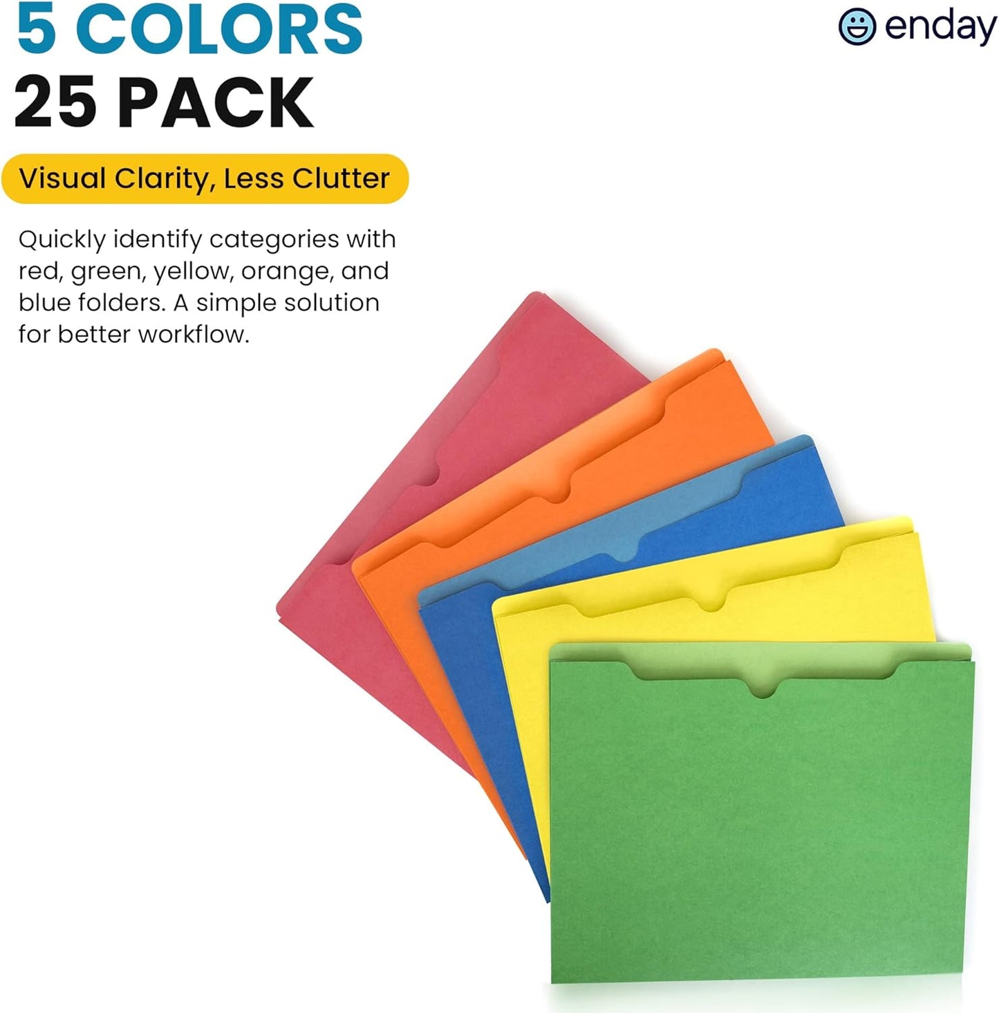 Enday 2 Inch File Jackets (25 Pack)- Assorted Colors Expandable File Folders - Straight Cut Tab - Letter Size Jacket Folders for Home & Office, Pocket File Folders in Red, Yellow, Blue, Green & Orange