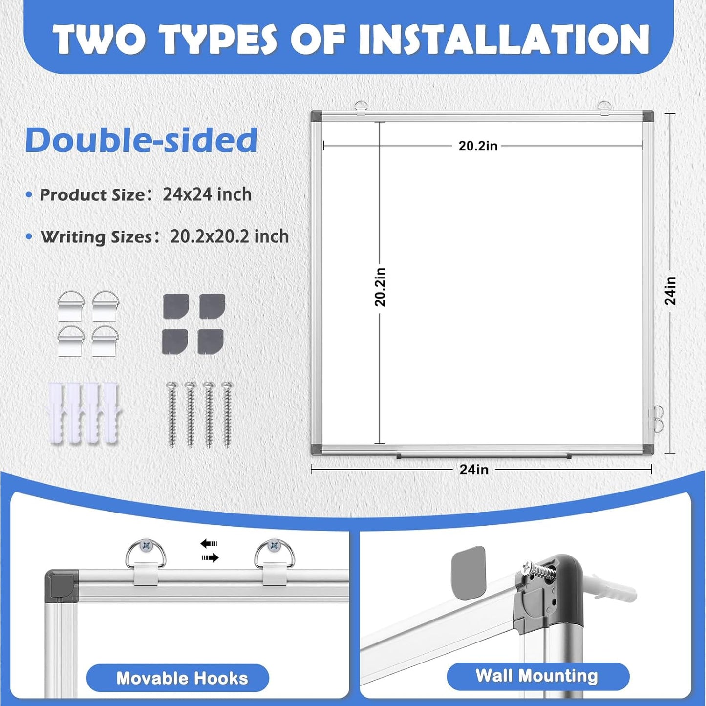 WALGLASS Double-Sided White Board, 24" x 24" Dry Erase Board Magnetic Whiteboard for Wall, Hanging Mounted Whiteboard Silver Aluminium Frame for Home, School, Office, Kitchen
