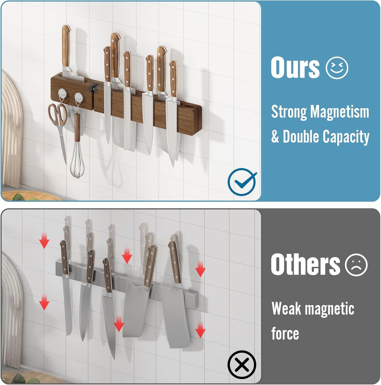 Magnetic Knife Holder for Wall, Acacia Wood Knife Magnetic Strip No Drill Knife Magnet Storage Bar Magnetic Tool Key Holder Strip for Kitchen Utensil Organizer (Dark Brown, 16 Inch Large)