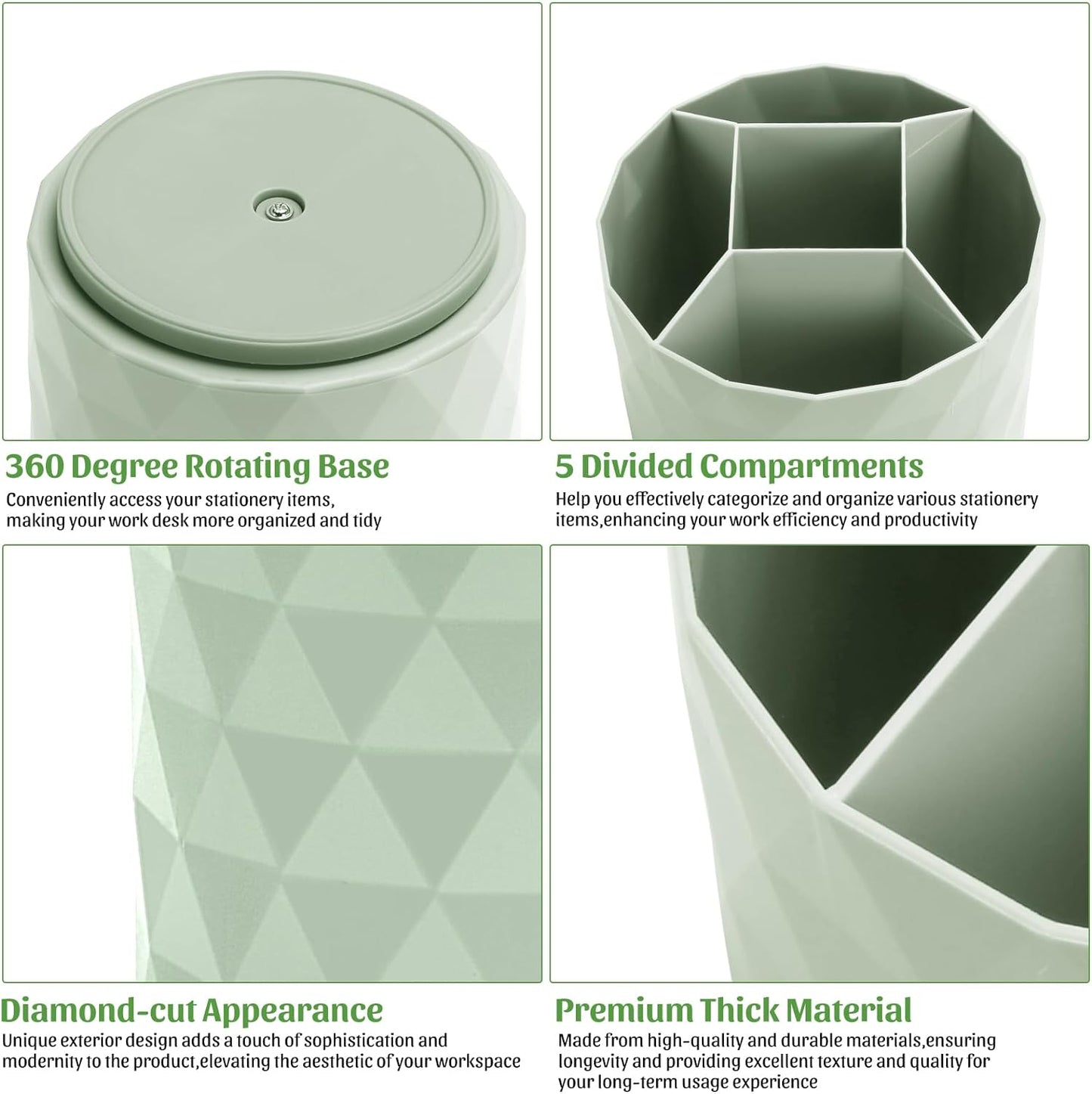 Desk Organizer,Sparkling Diamond-like Pen Holder for Desk 360°Rotating Office Accessories,Pencil Cup with 5 Compartments Storage Box Caddy for Office,School,Home,Art Supply(Green)