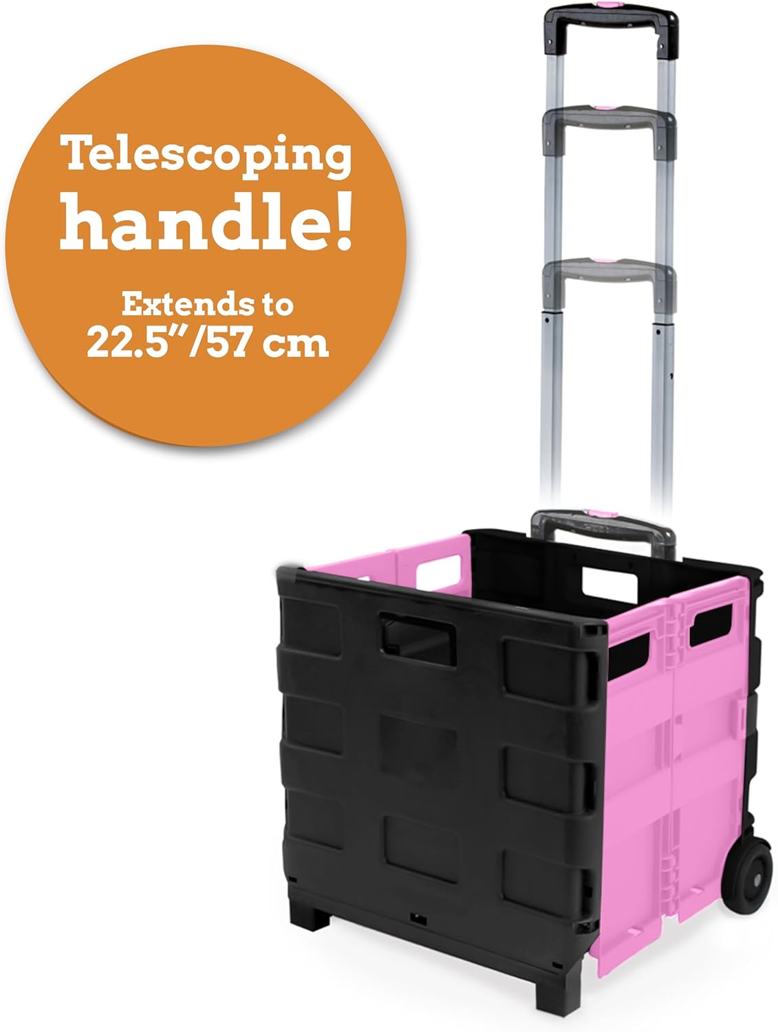 Inspired Living Ultra-Slim Rolling Collapsible Storage Pack-N-Roll Utility-carts, with Telescopic Handle, for Home, Garden, Shopping, Office, School use, Large, Pink & Black