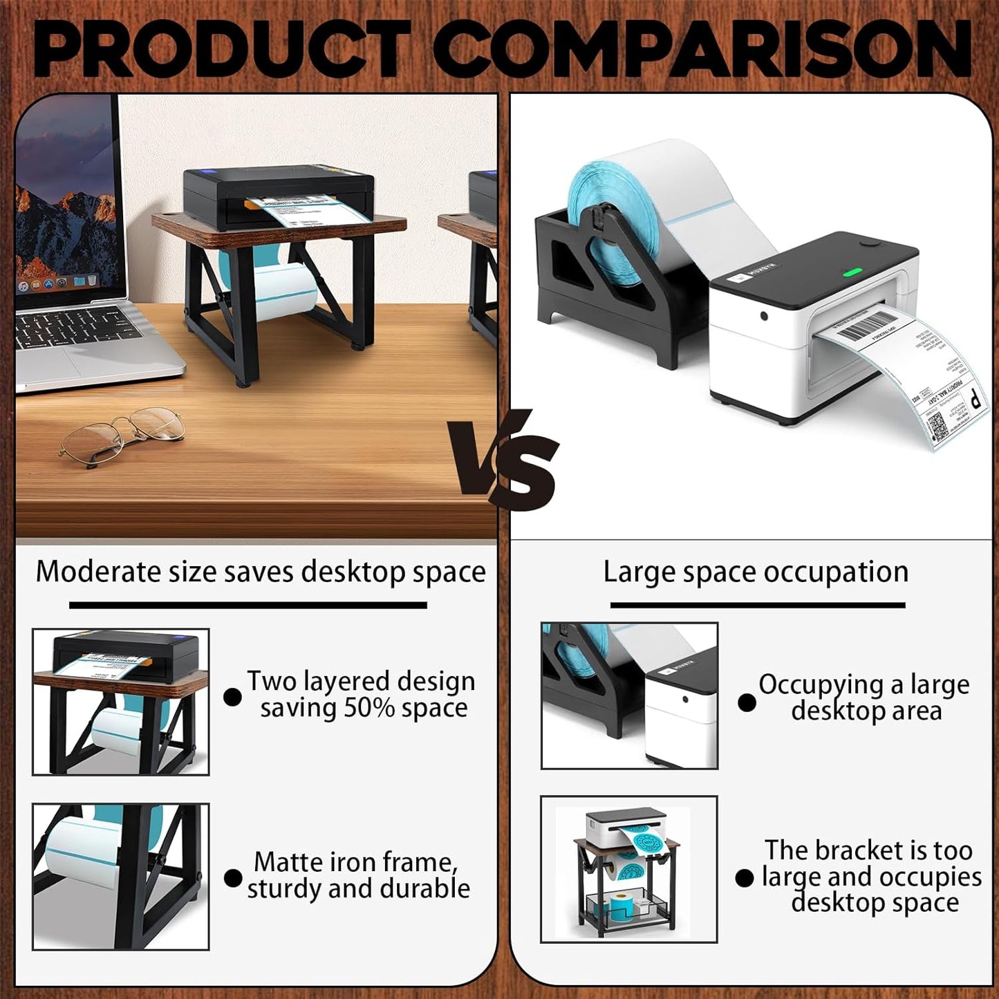 Label Holder for Thermal Printer,Sticker Rolls and Fan-fold Dispenser Holder,Wooden Label Holder for Shipping Label Printer,Office Accessories for Home,Small Business,Warehouse (Retro Color)