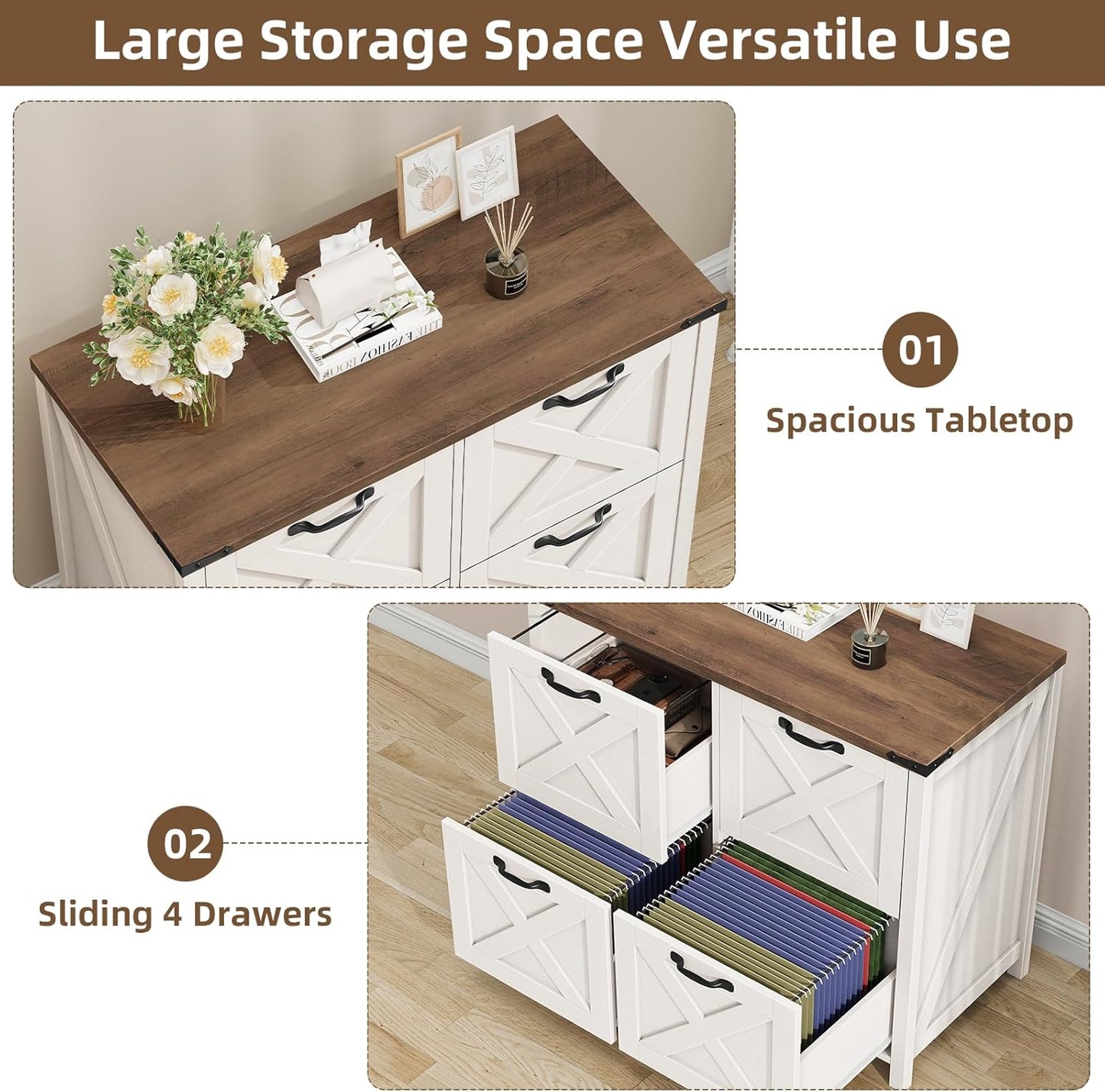 Lateral File Cabinet with 4 Drawers, Farmhouse File Cabinet for Letter/A4 Size Hanging Files, Large Wood File Storage Cabinets Printer Stand for Home Office Cabinets, Rustic White