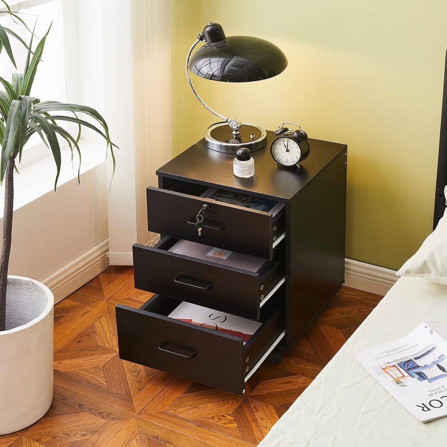 TUKAILAi Mobile File Cabinet with 3 Drawers, Lockable Storage Unit Wooden Rolling Office Filing Cabinet with Wheels, for Legal/Letter/A4 Sized Documents Home Office (Black 2PCS)